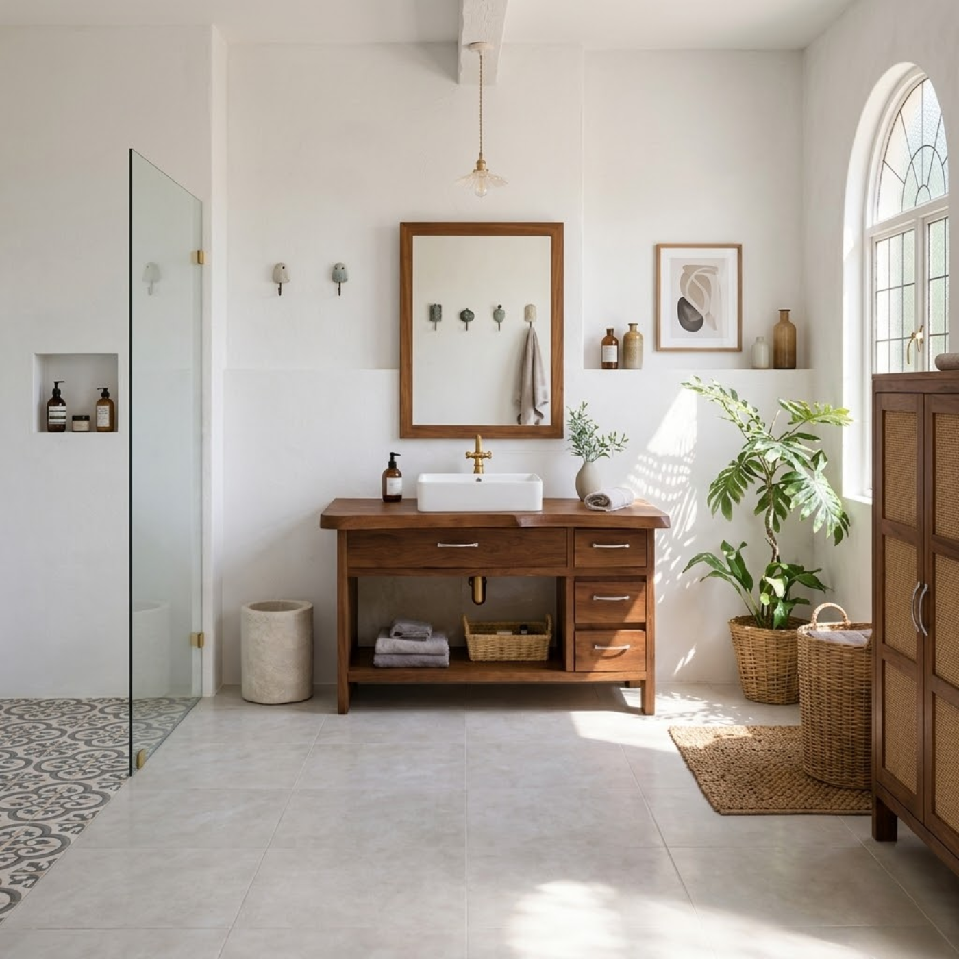 Modern Solid Wood Bathroom Vanity with Multiple Drawers and Open Storage Shelf