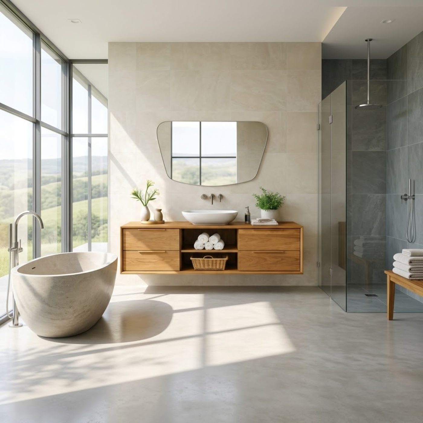 Modern Floating Oak Bathroom Vanity with Open Shelf and Double Drawer Storage