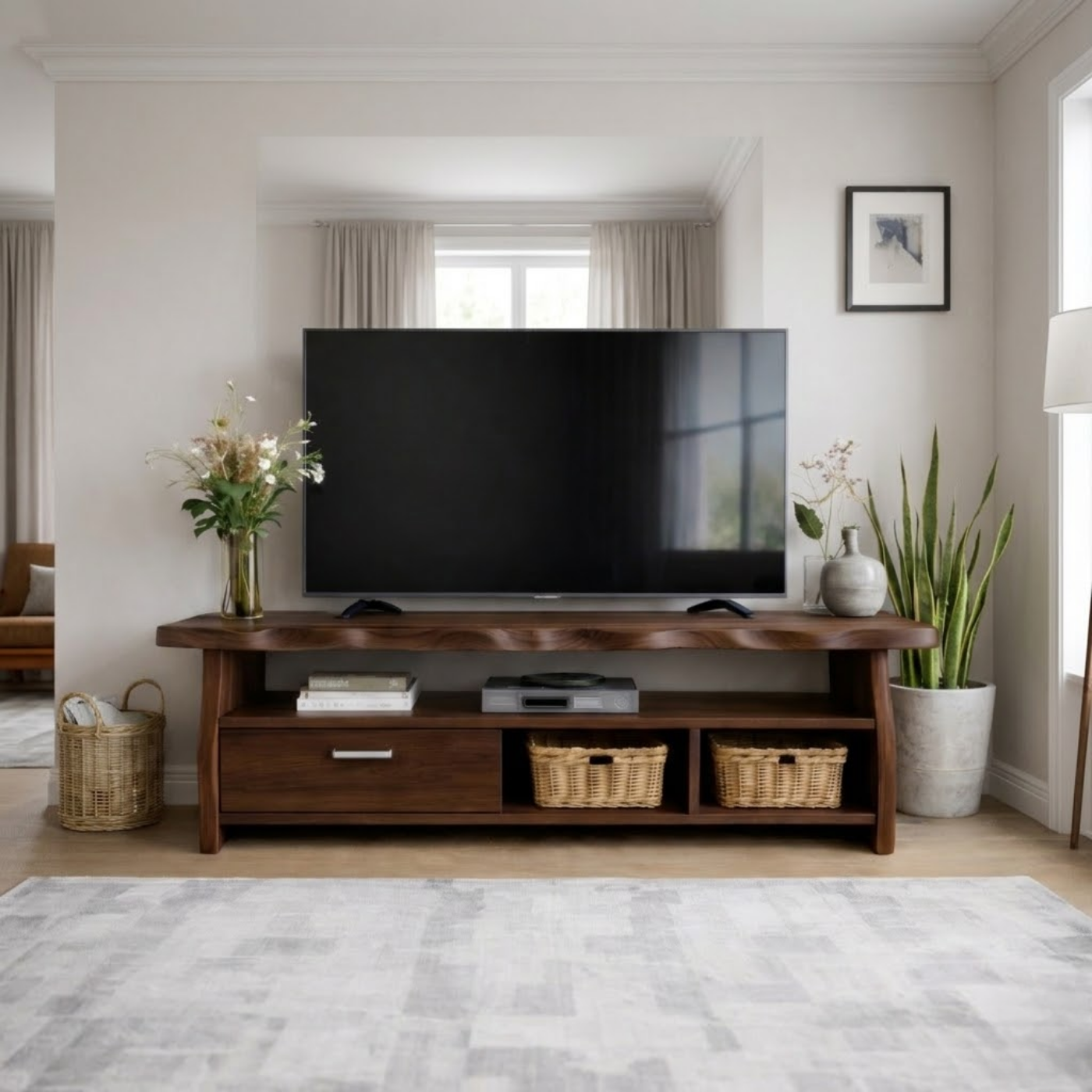 Mid-Century Solid Wood TV Stand with Drawer and Open Storage Shelves