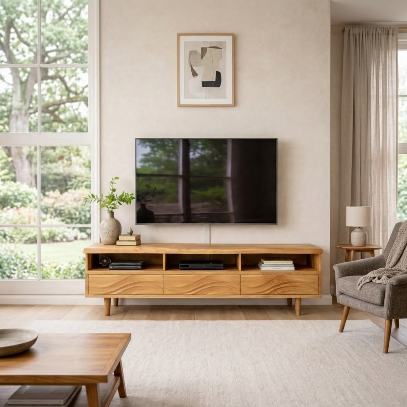 Modern Solid Wood TV Stand with Wave Drawer Fronts and Open Media Shelves