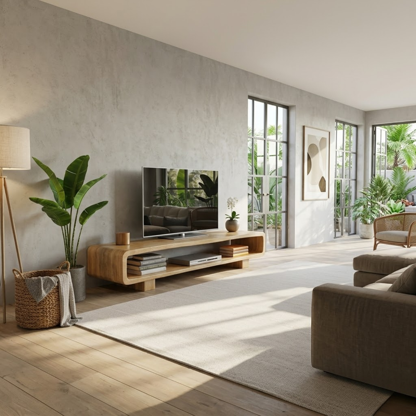 Modern Solid Oak TV Stand with Open Shelf Storage, Minimalist Wooden Media Console
