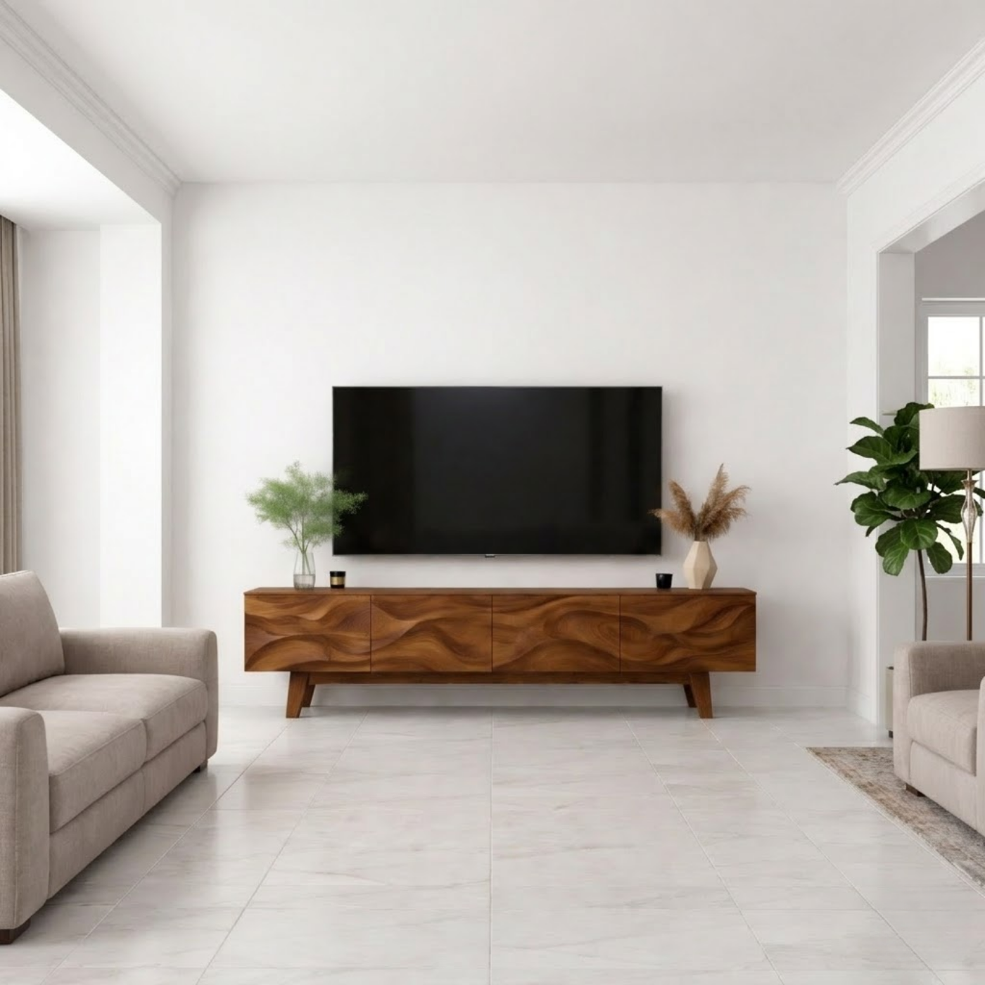 Wave Pattern Solid Wood TV Stand with Storage, Modern Media Console for Living Room