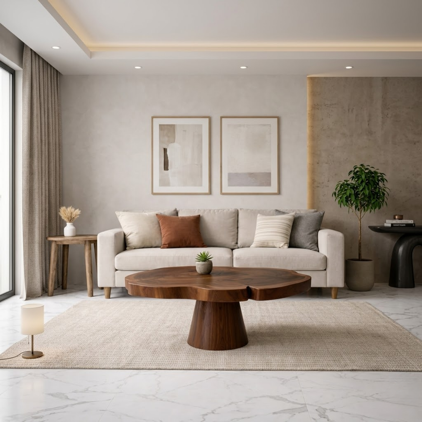 Solid Wood Coffee Table with Organic Edge Top Modern Sculptural Living Room Table