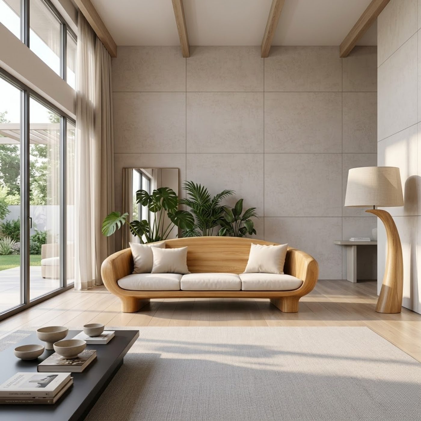 Modern Solid Oak Sofa with Curved Wooden Frame Minimalist Scandinavian Living Room Couch