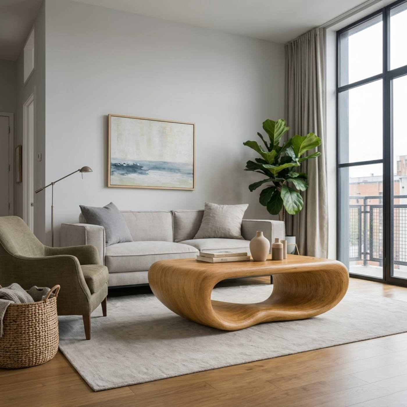 Modern Solid Wood Coffee Table with Sculptural Curved Design Minimalist Living Room Table