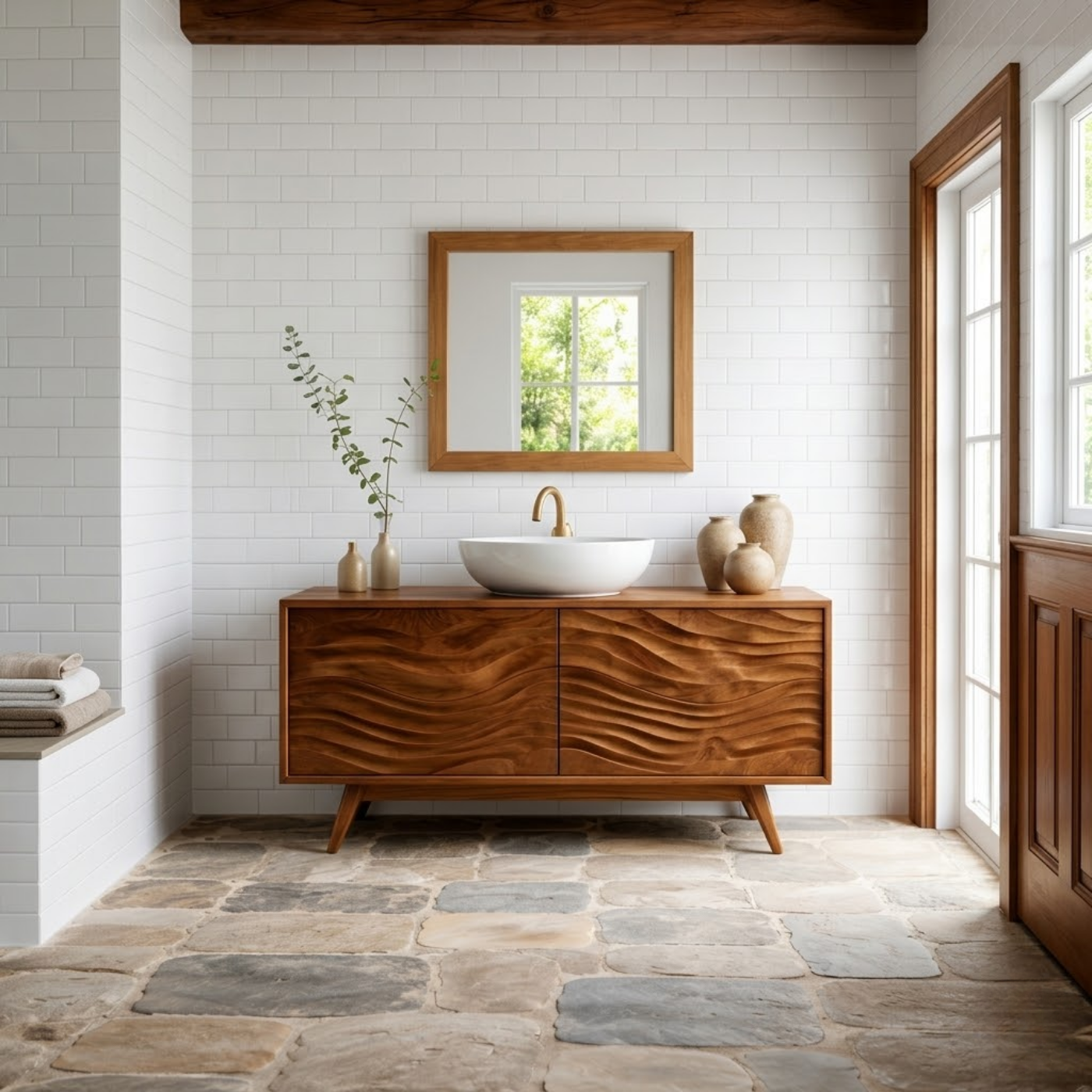 Solid Wood Bathroom Vanity with Wavy Surface Design and Storage Cabinet