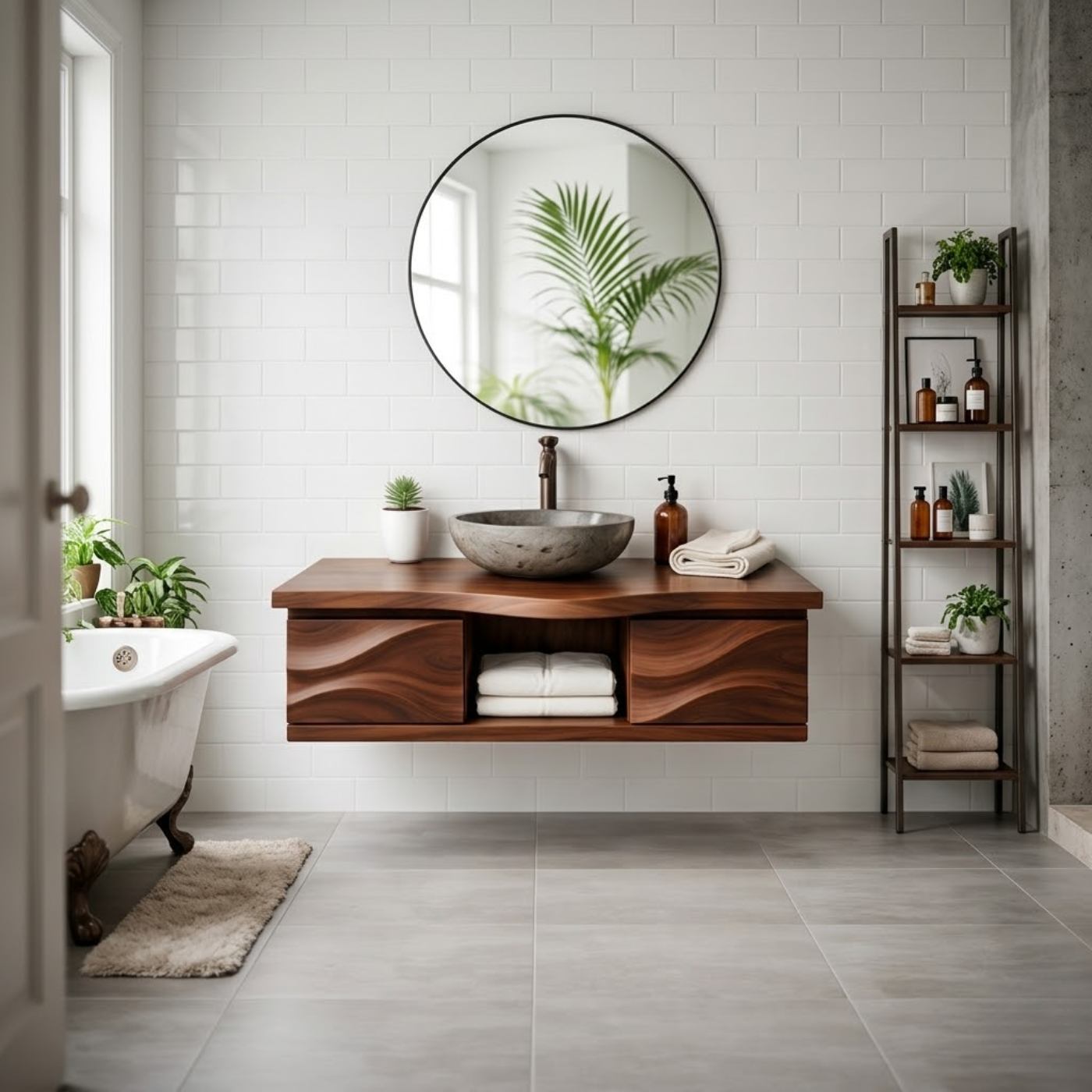 Floating Solid Wood Bathroom Vanity with Sculpted Wavy Front and Open Shelf
