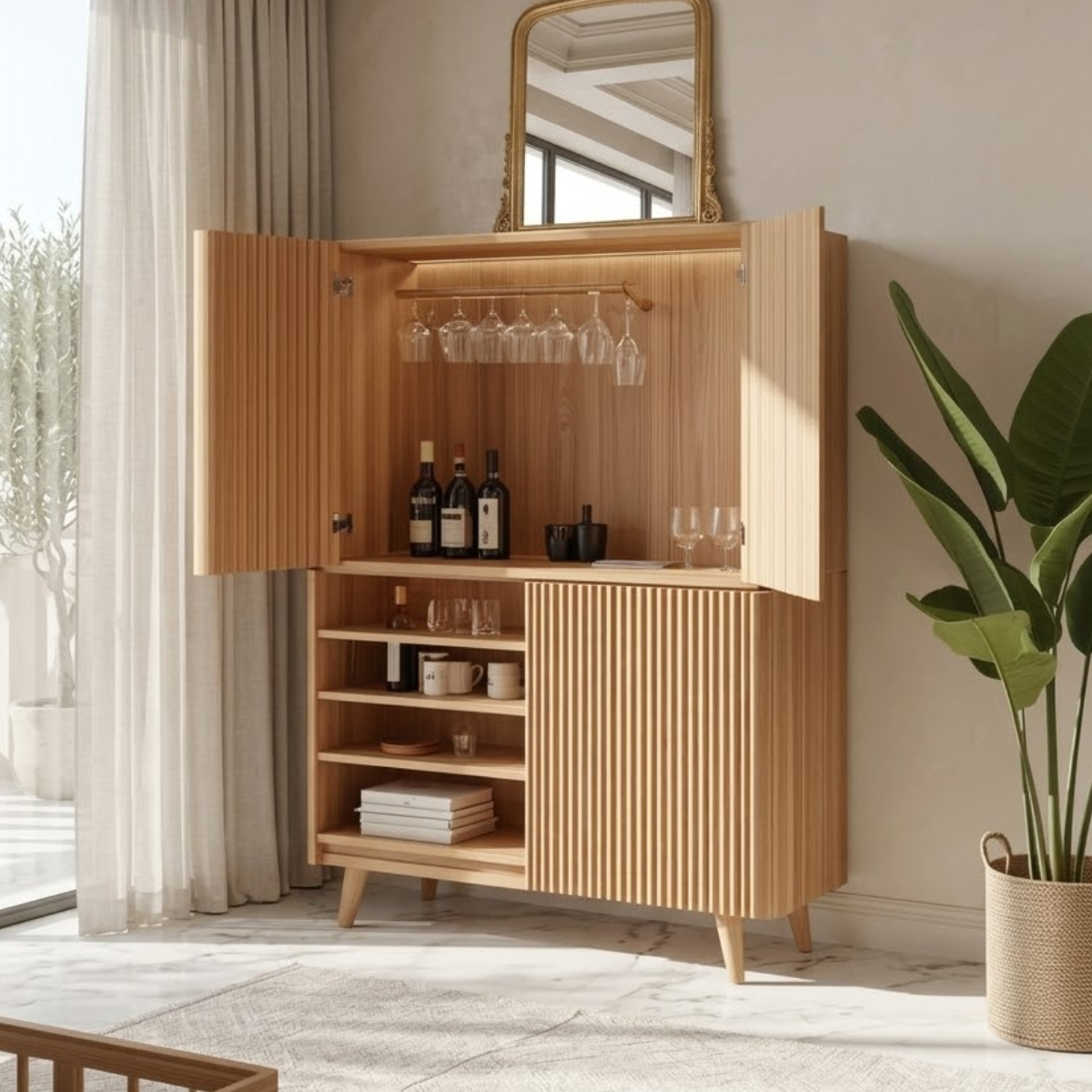 Modern Fluted Bar Cabinet with Wine Glass Rack and Concealed Storage Shelves