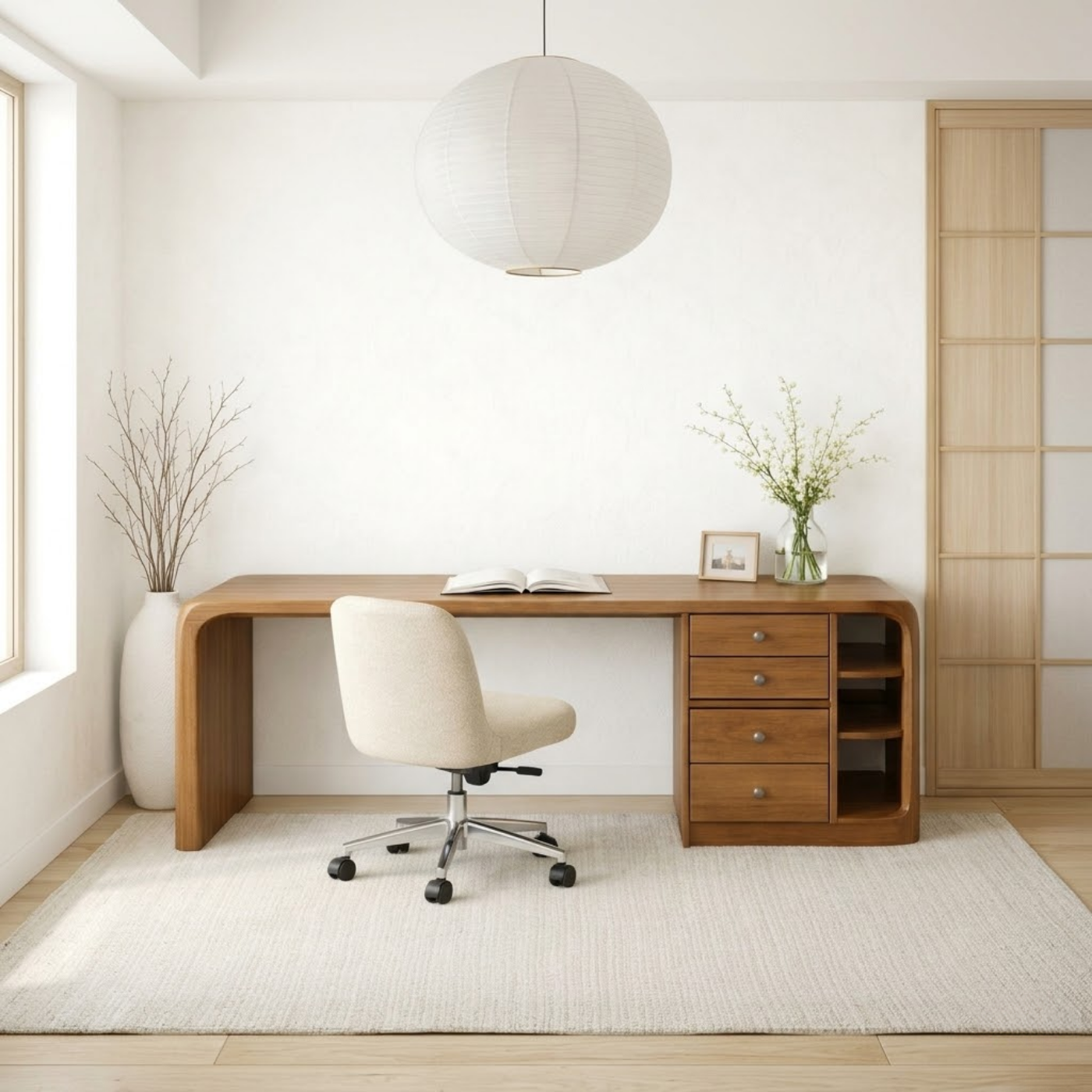 Solid Wood Waterfall Desk with Integrated Storage Drawers and Open Shelf