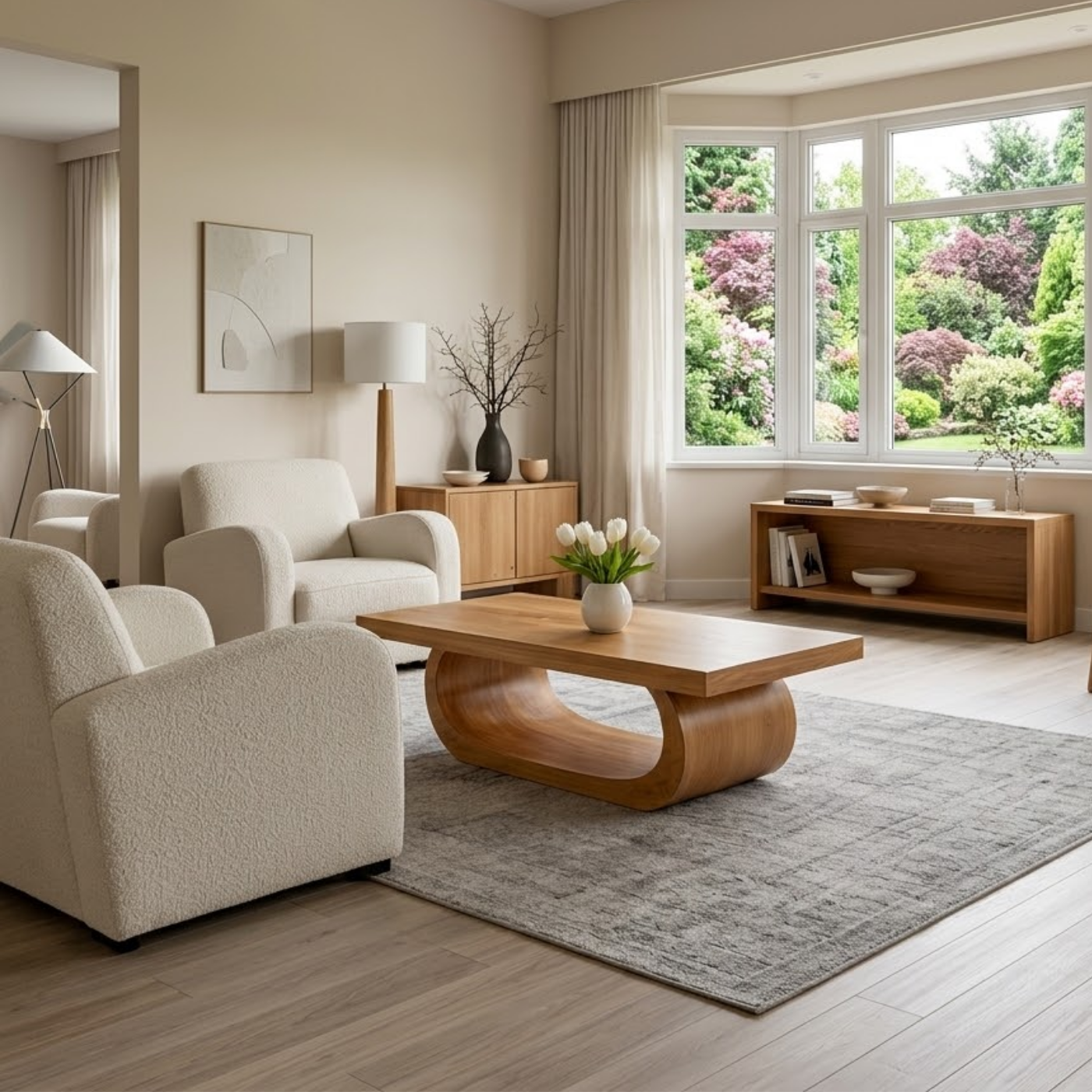 Solid Wood Coffee Table for Living Room with Curved Sculptural Base