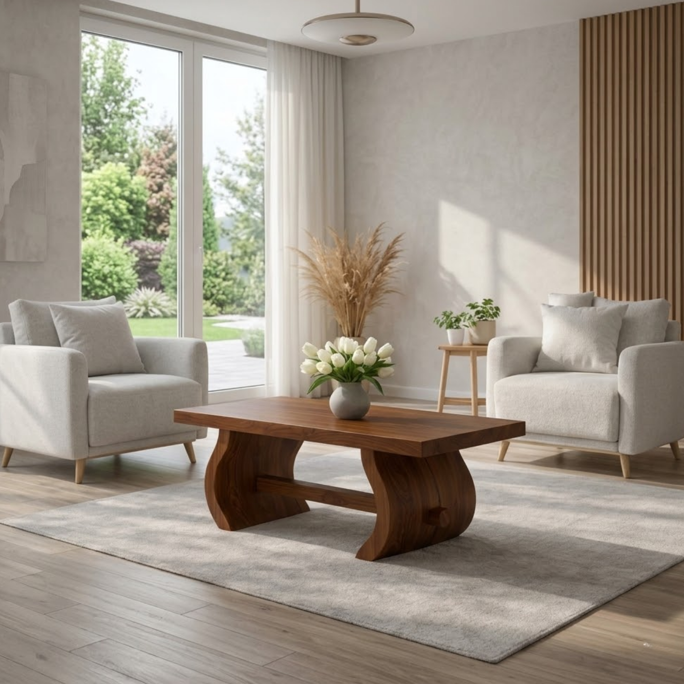 Solid Wood Coffee Table for Modern Home with Sculpted Curved Legs