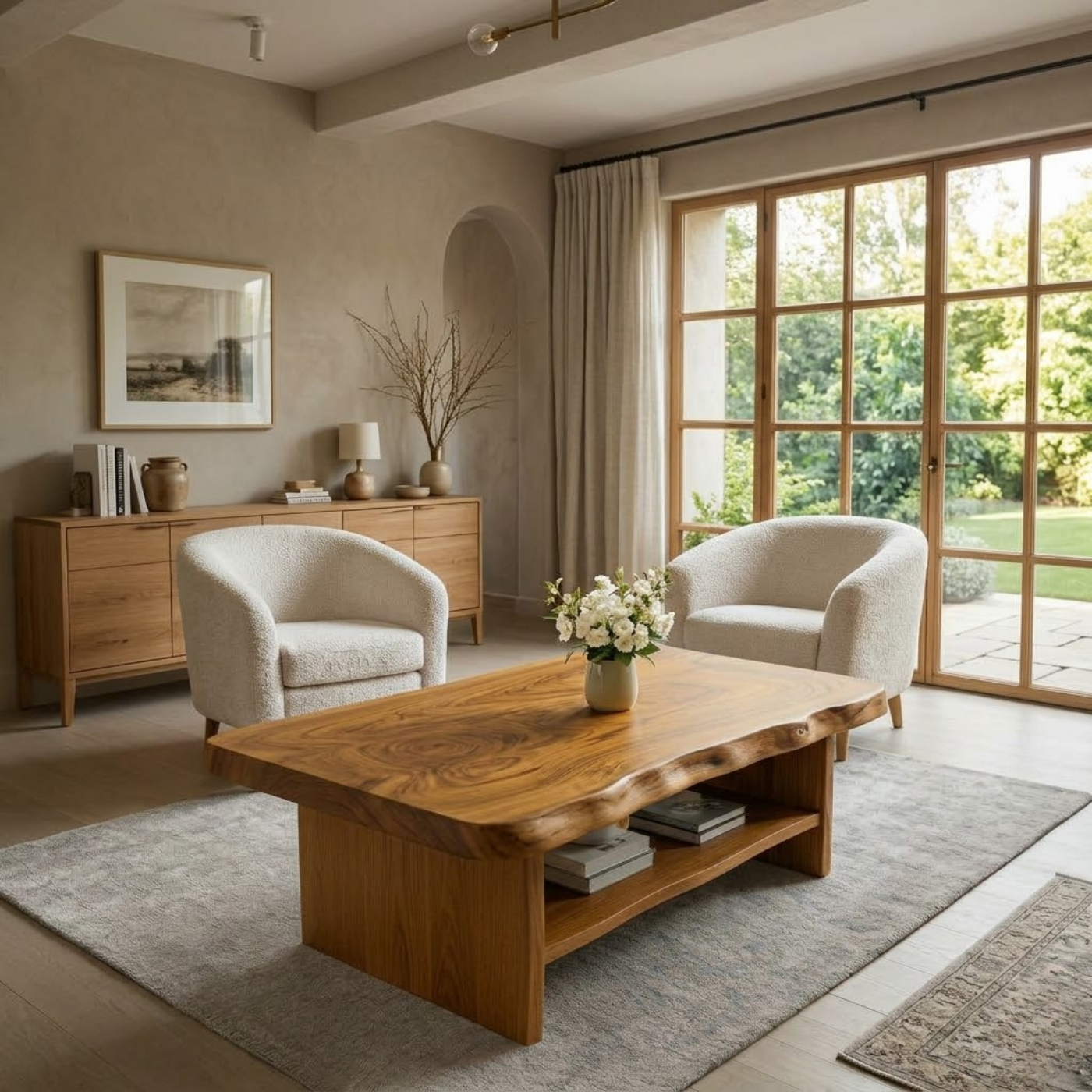 Solid Wood Coffee Table for Living Room with Live Edge Top and Storage Shelf