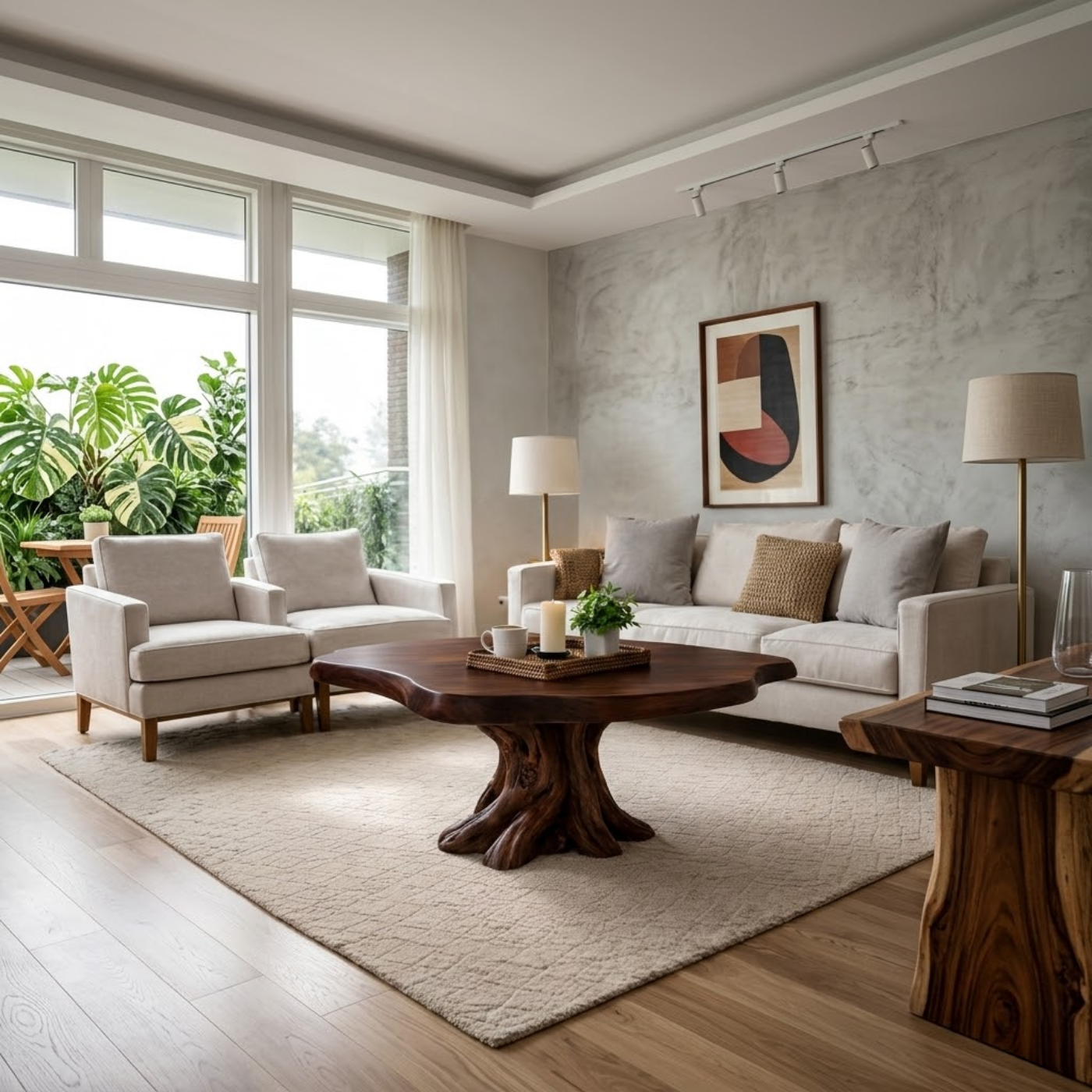 Solid Wood Round Coffee Table for Rustic Living Room with Tree Root Base