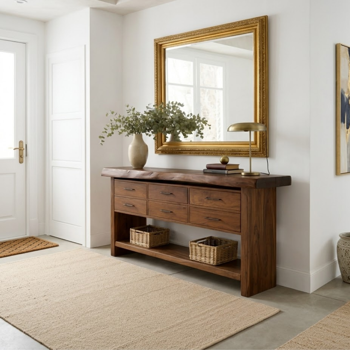 Solid Wood Console Table with Live Edge Top and 6 Drawers