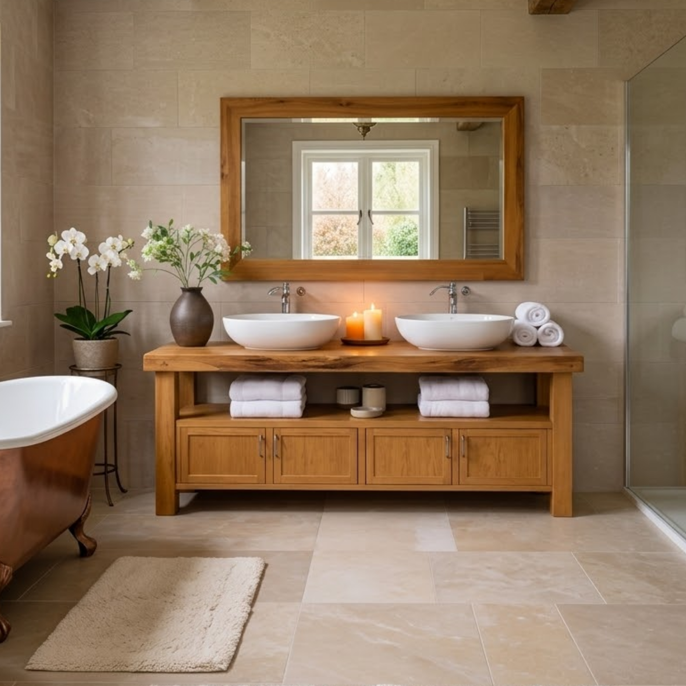 Solid Wood Bathroom Vanity with Storage Cabinet and Open Shelf