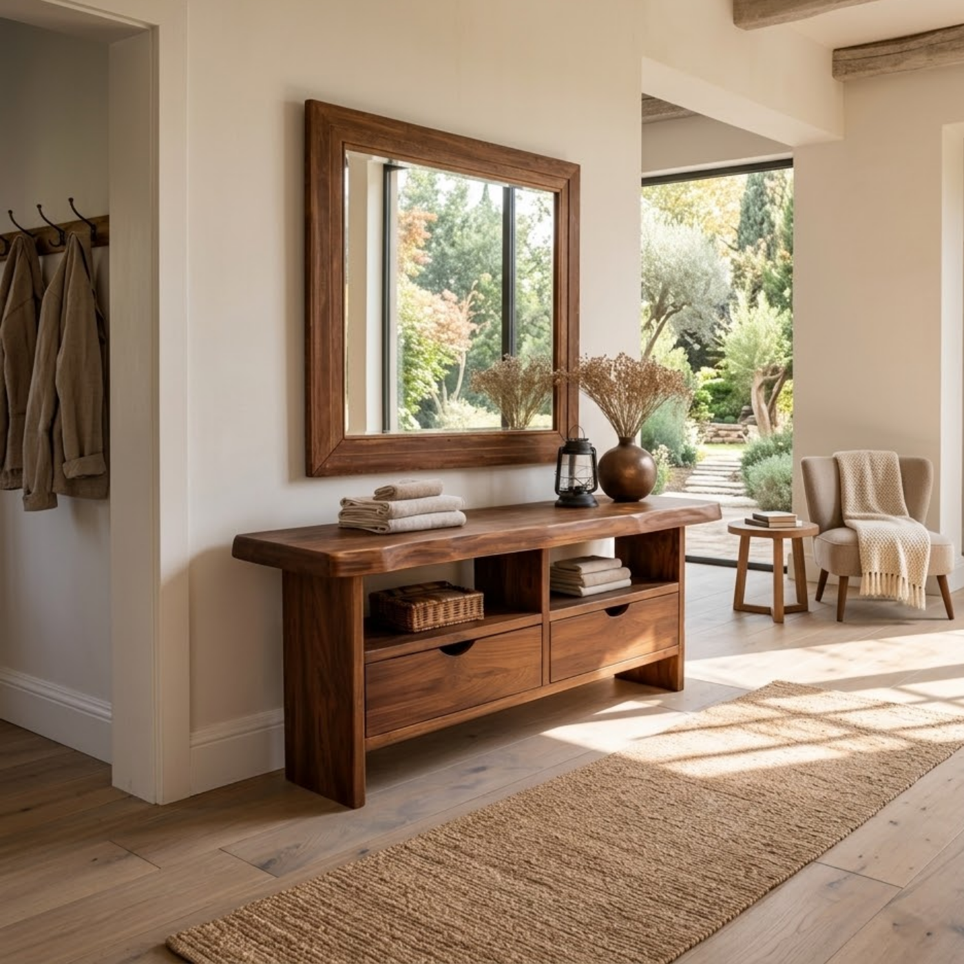 Solid Wood Console Table with Live Edge Top and Drawers for Storage