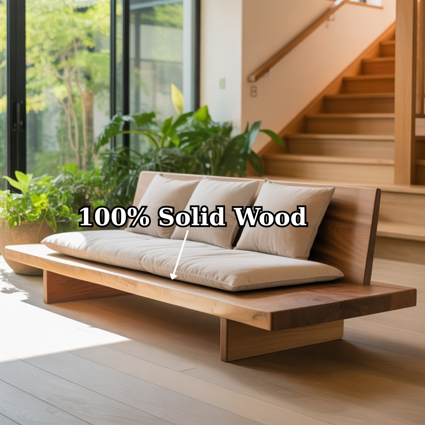 Low Profile Solid Wood Sofa Japandi Style Wooden Couch Minimalist Living Room Sofa