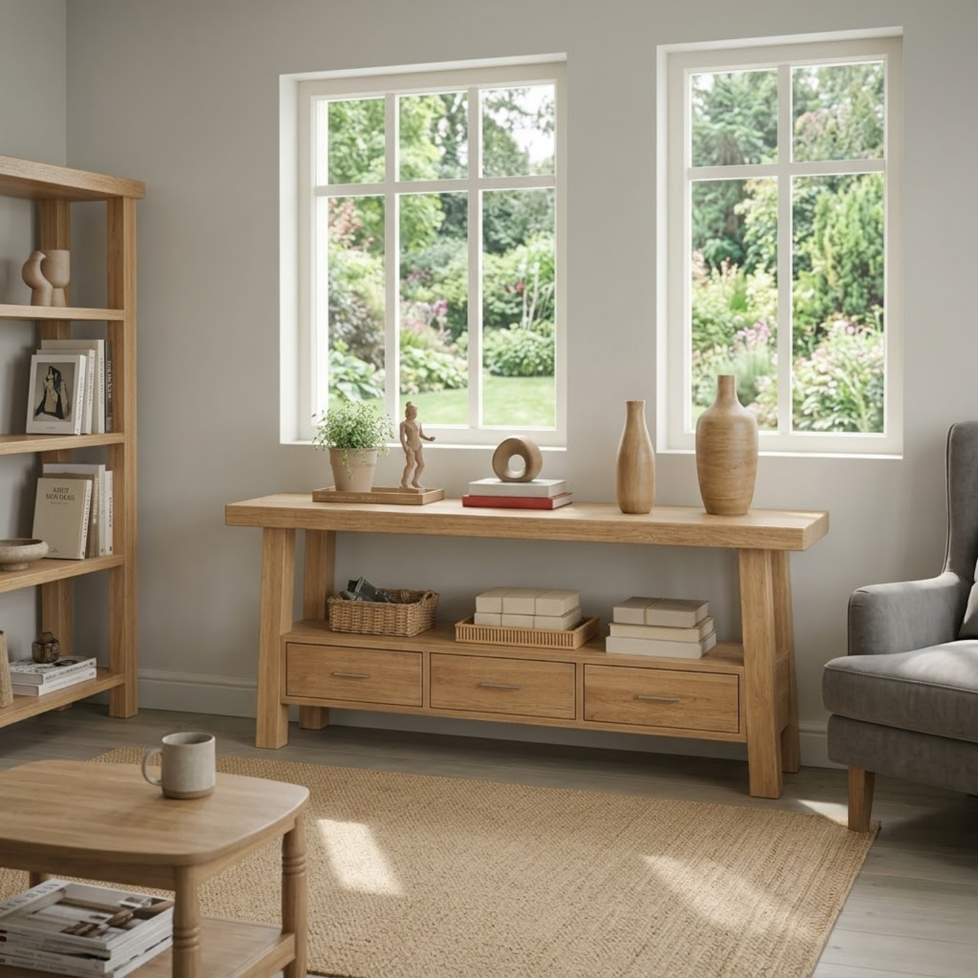 Solid Wood Console Table for Living Room with 3 Drawers and Open Shelf
