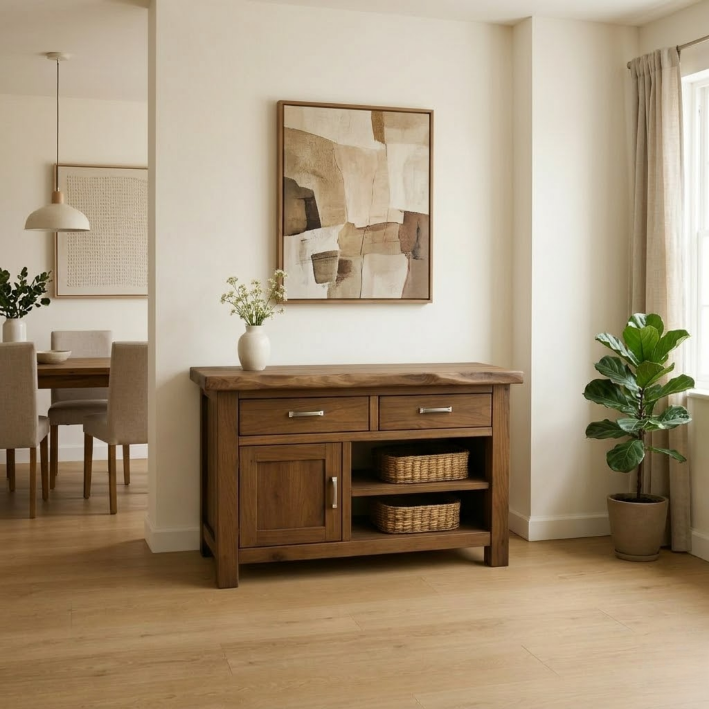 Solid Wood Console Table with 2 Drawers and Open Shelving for Storage