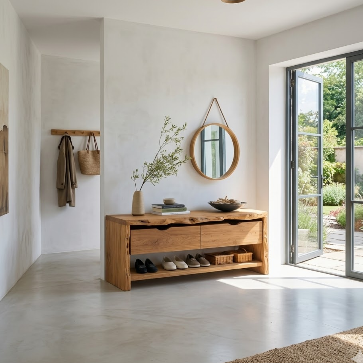 Solid Wood Live Edge Entryway Bench with Drawers & Shoe Shelf – Natural Wood Shoe Storage Bench