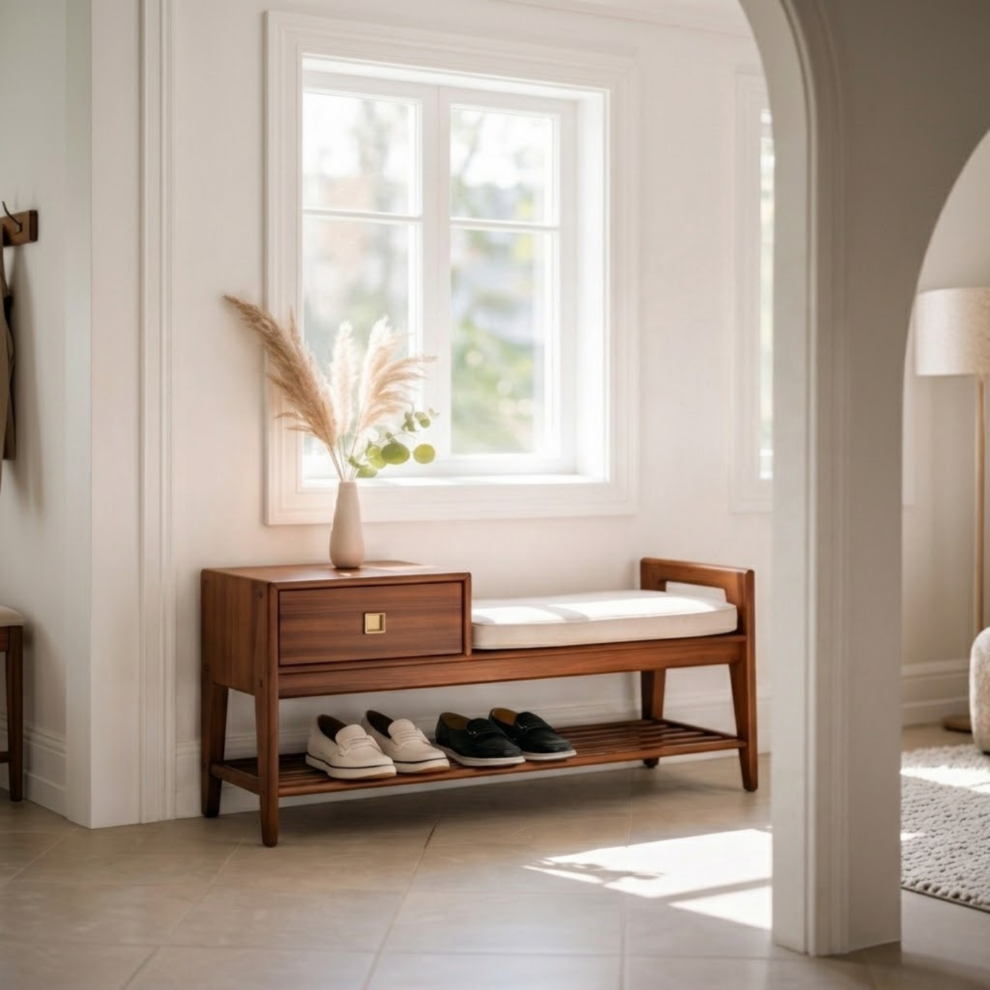 Solid Wood Entryway Bench with Drawer, Cushion Seat & Shoe Shelf – Mid-Century Shoe Storage Bench