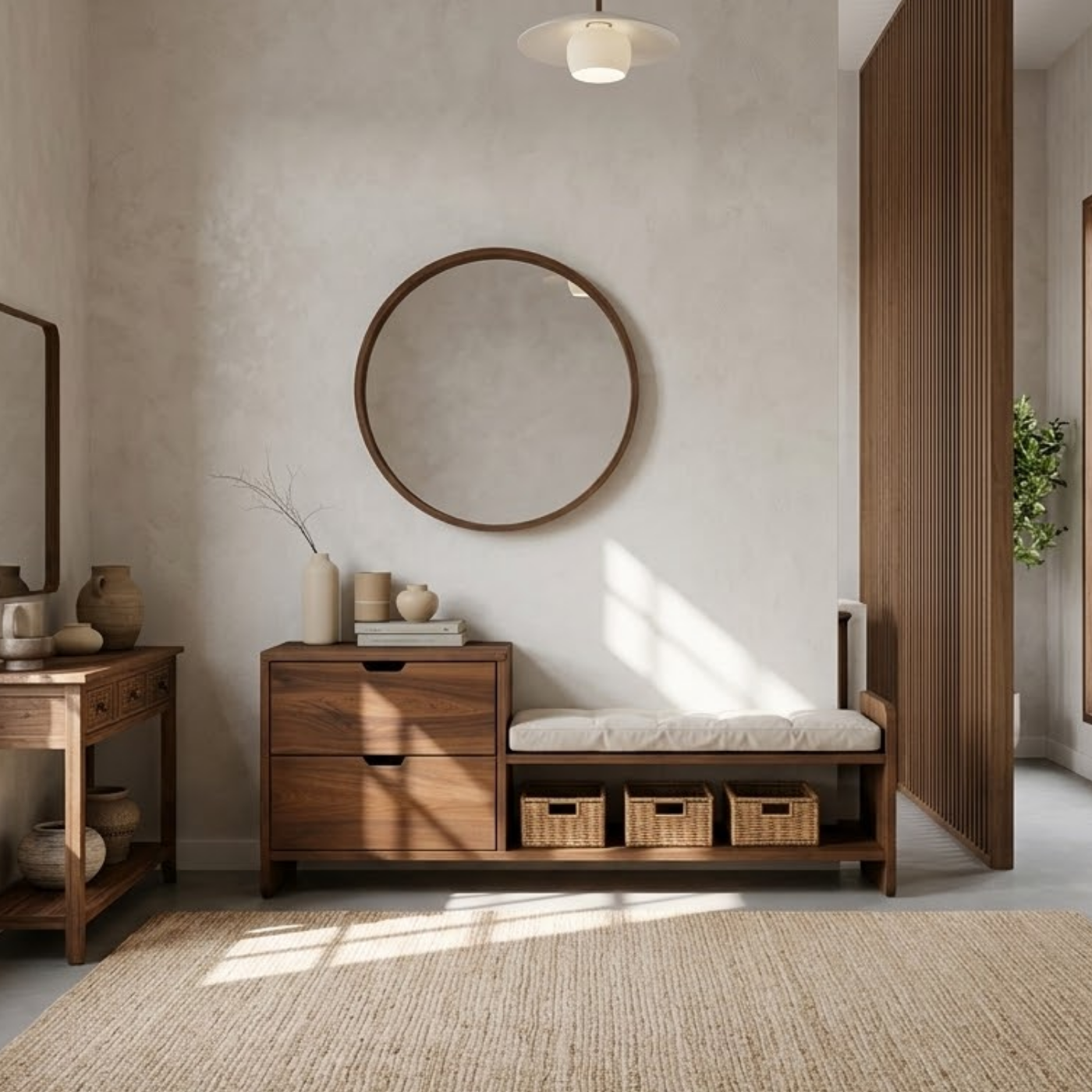 Solid Wood Entryway Storage Bench with Drawers, Cushion Seat & Basket Shelf – Shoe Storage Bench