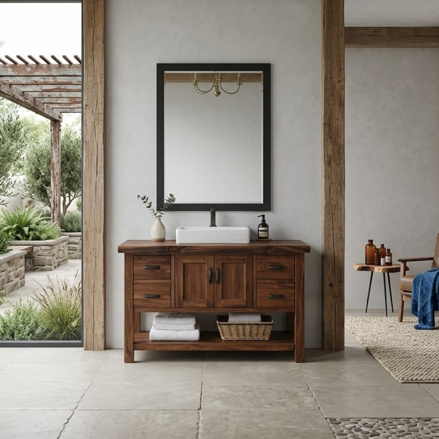 Solid Wood Bathroom Vanity with Drawers, Cabinet Doors & Open Shelf – Rustic Farmhouse Vanity