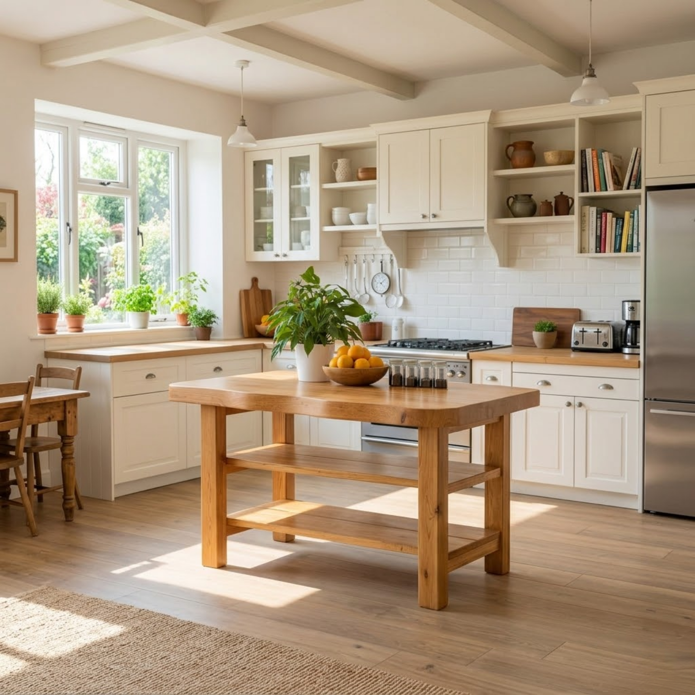 Solid Wood Kitchen Island Table with Double Storage Shelves – Farmhouse Prep & Storage Table
