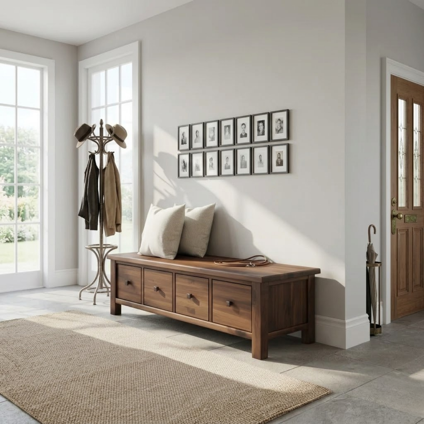 Solid Wood Storage Bench with Drawers – Rustic Entryway Shoe Storage Bench
