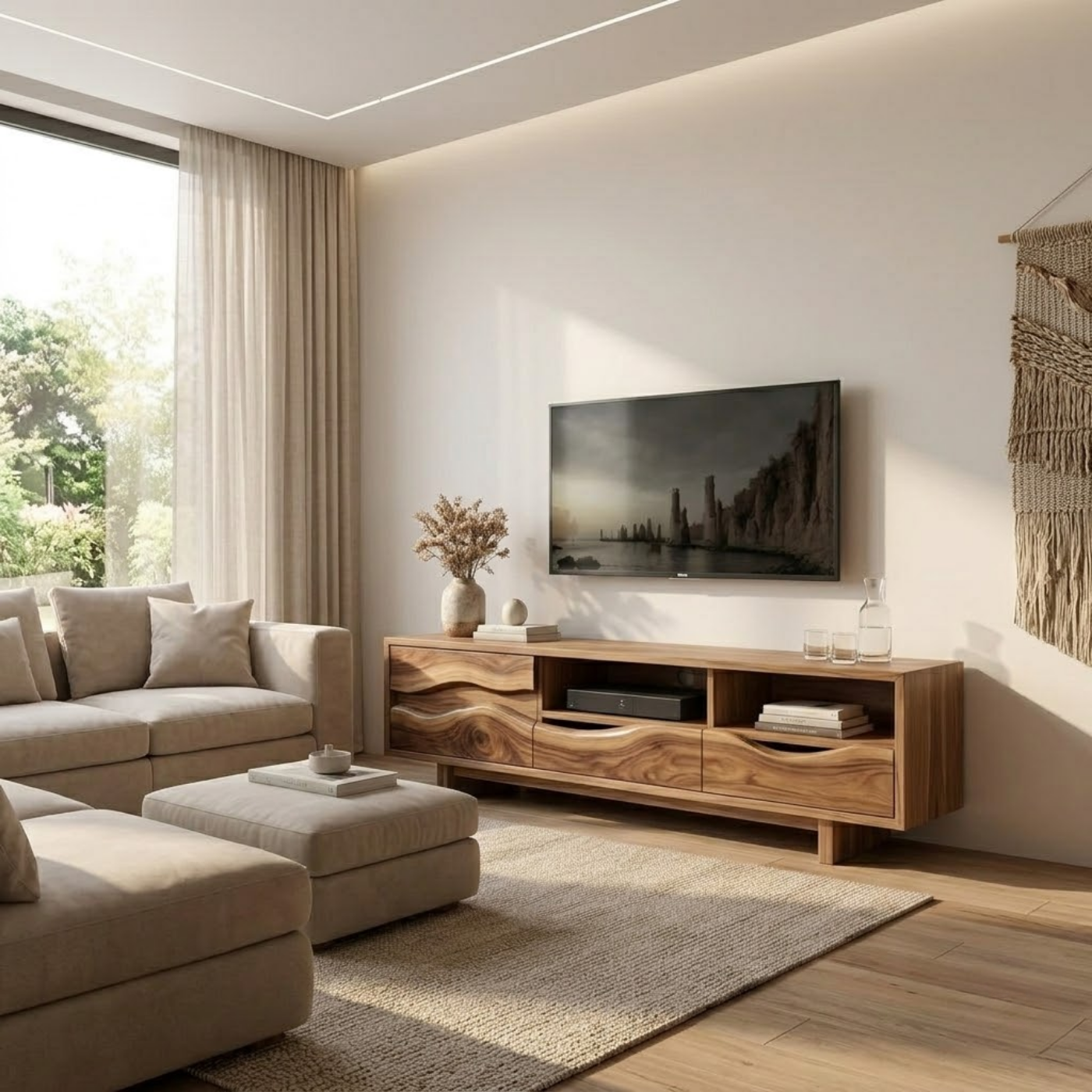 Solid Wood TV Stand with Wave Carved Drawers – Modern Rustic Media Console