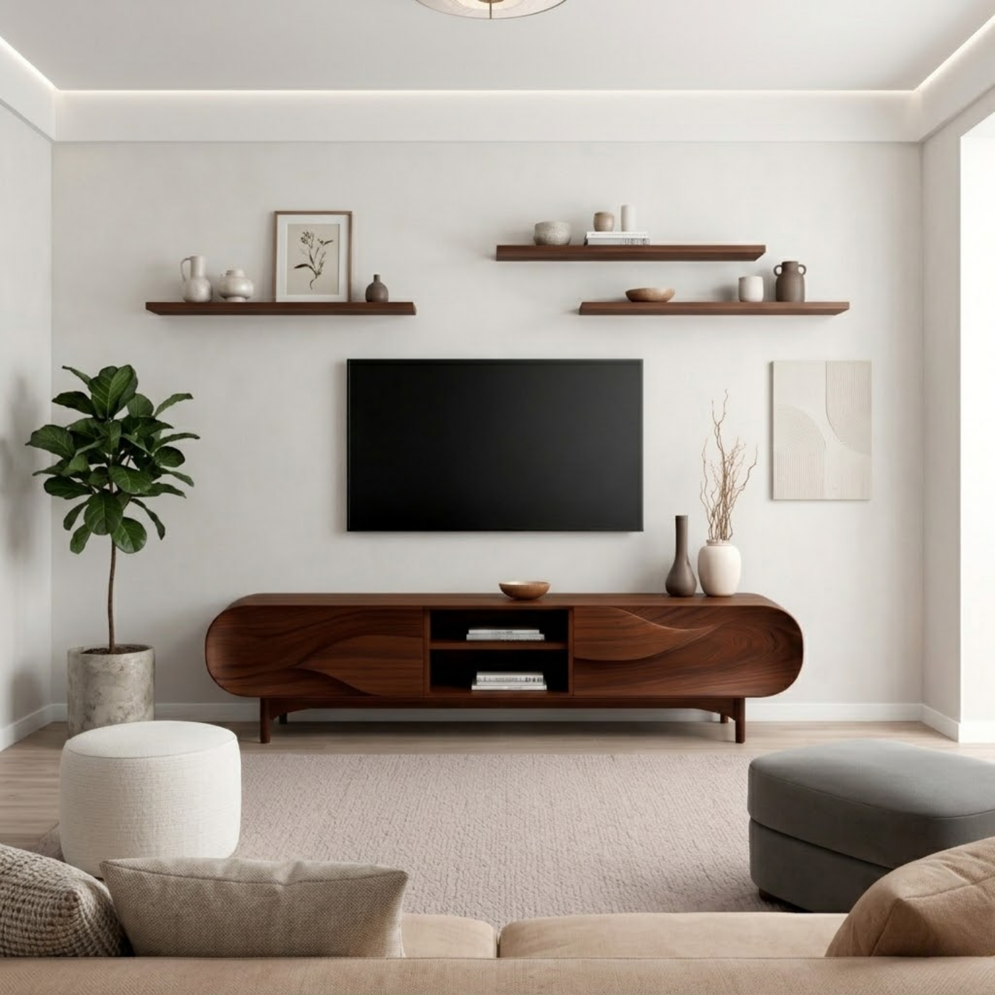 Solid Wood TV Stand with Sculpted Wave Front – Modern Walnut Media Console