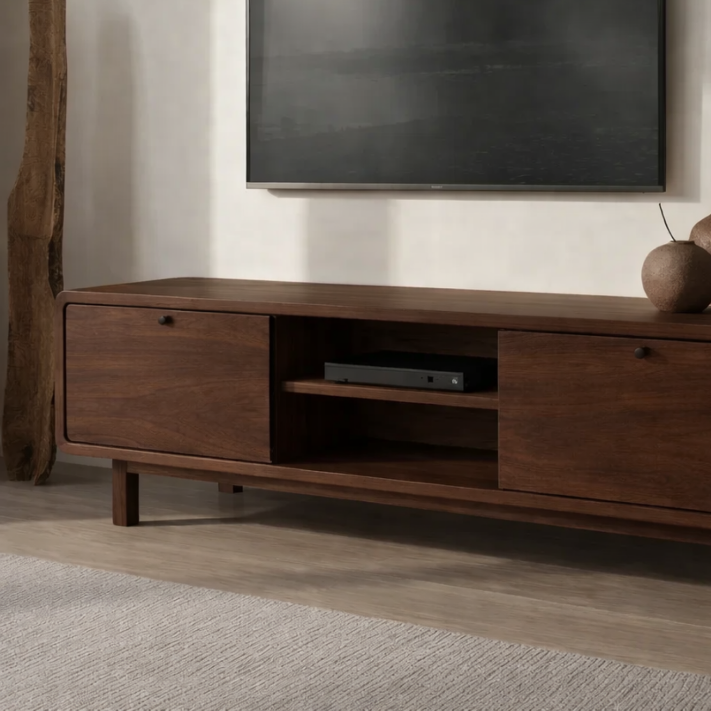 Minimalist Solid Wood TV Stand with Sliding Doors – Modern Rustic Media Console