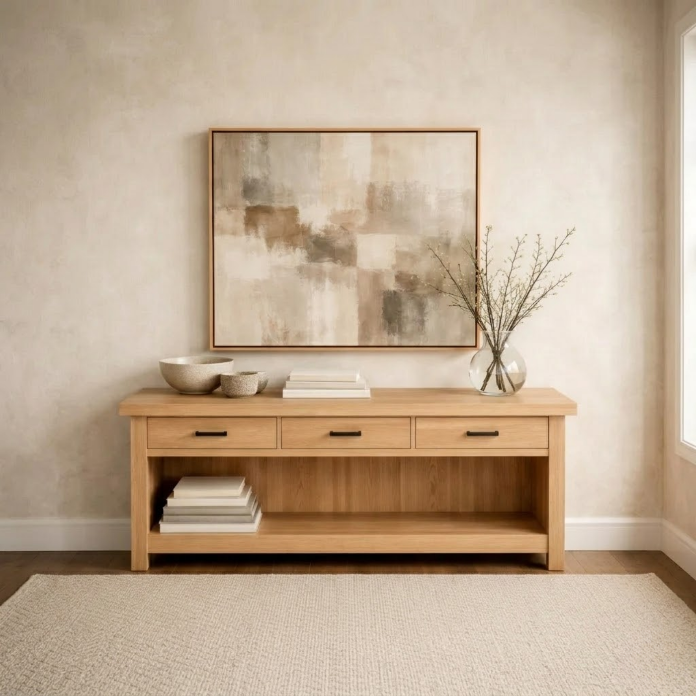 Handcraft Solid Wood Console Table with Drawers and Open Shelf