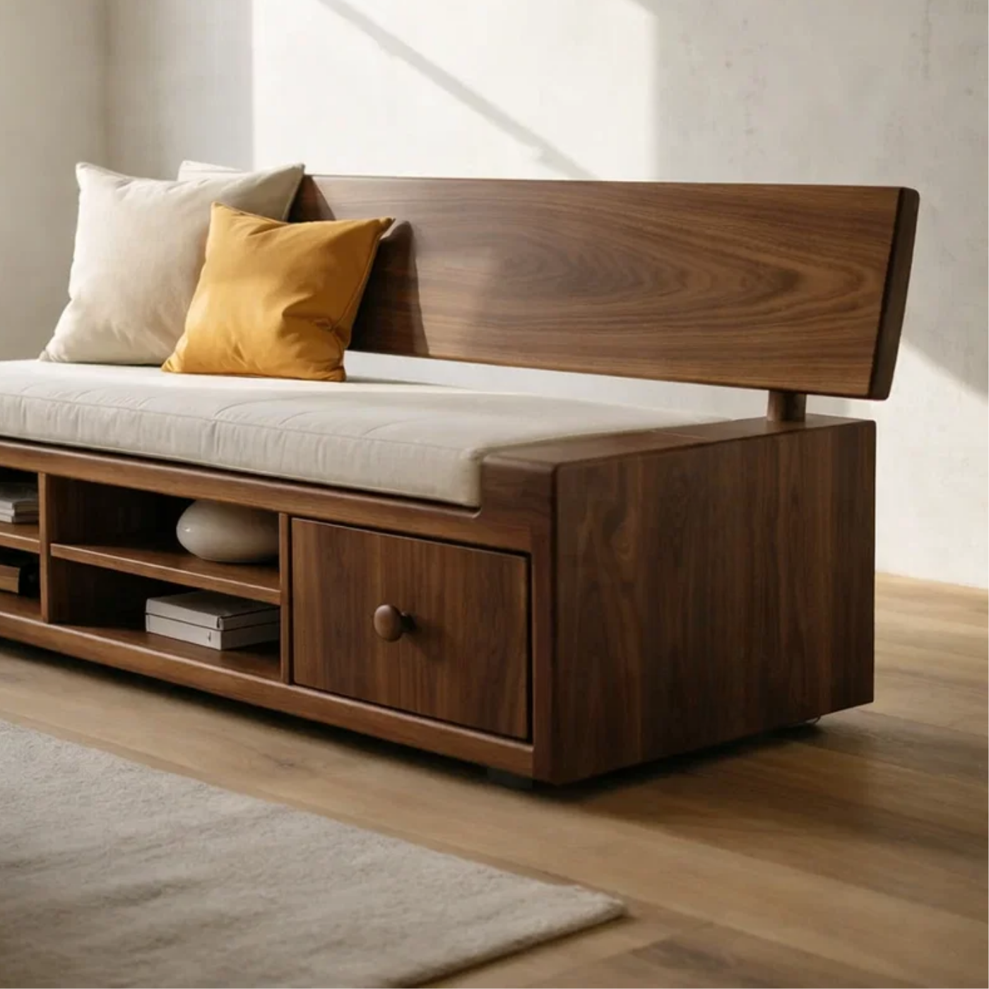 Solid Wood Storage Sofa – Walnut Wooden Sofa with Built-in Shelves