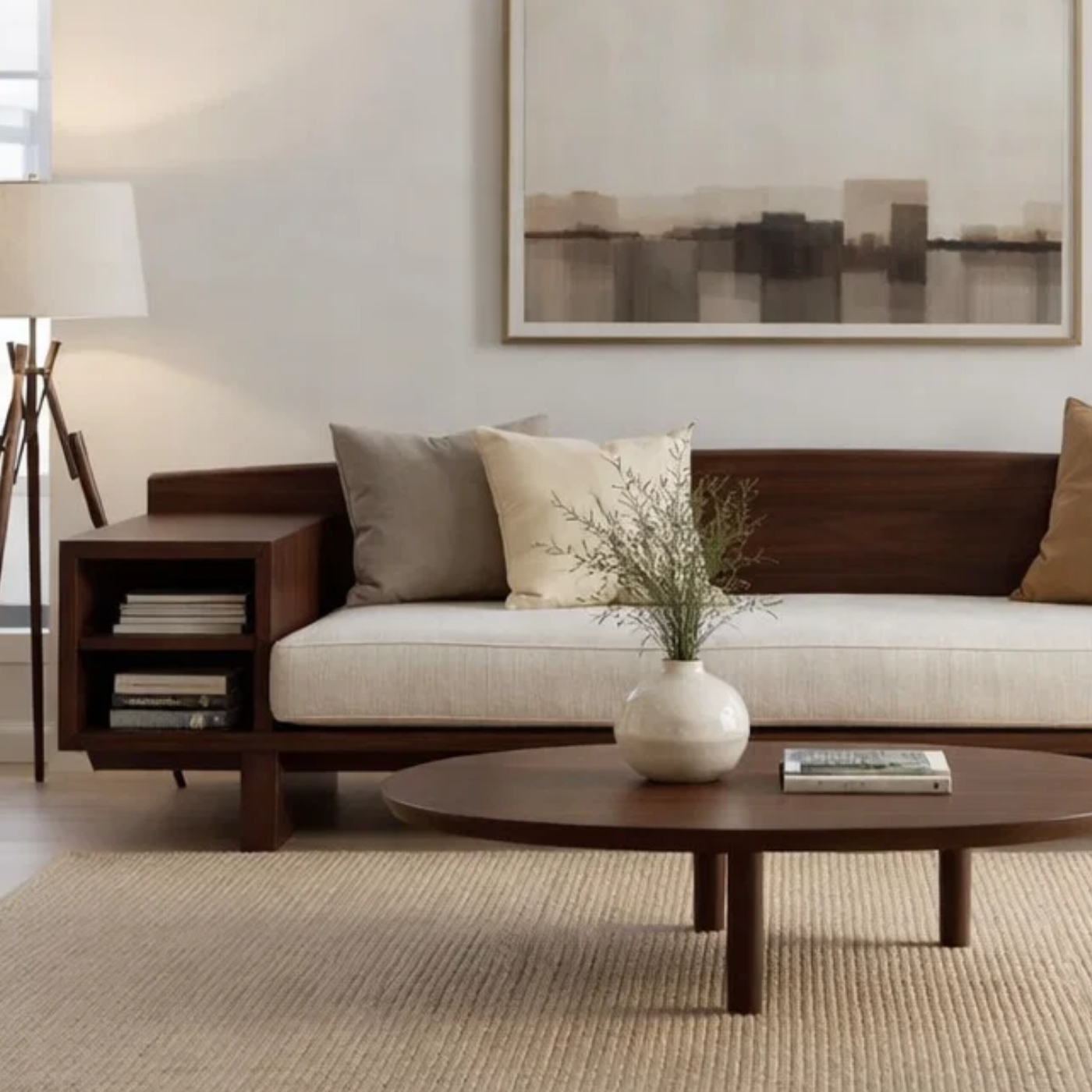 Walnut Solid Wood Sofa with Side Shelves – Modern Wooden Living Room Sofa