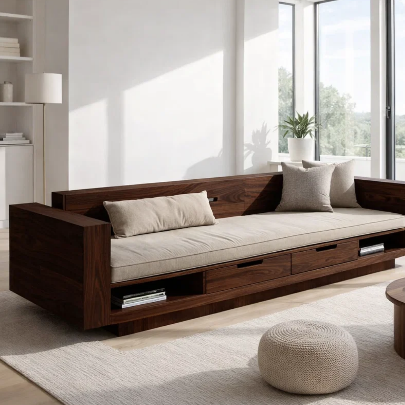 Walnut Solid Wood Storage Sofa – Modern Wooden Sofa with Drawers and Open Shelves
