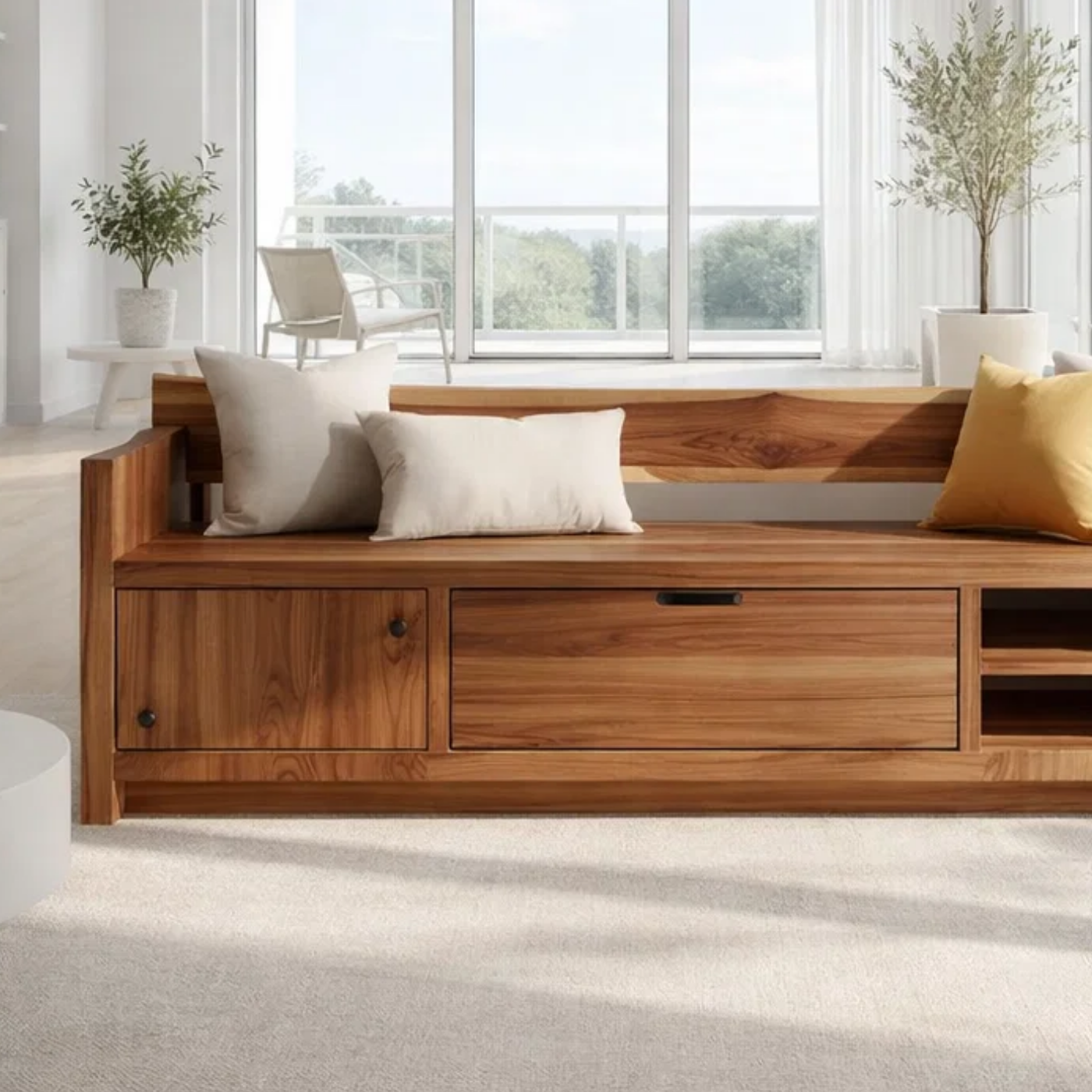 Solid Wood Storage Sofa Bench – Modern Wooden Sofa with Drawer and Open Shelves