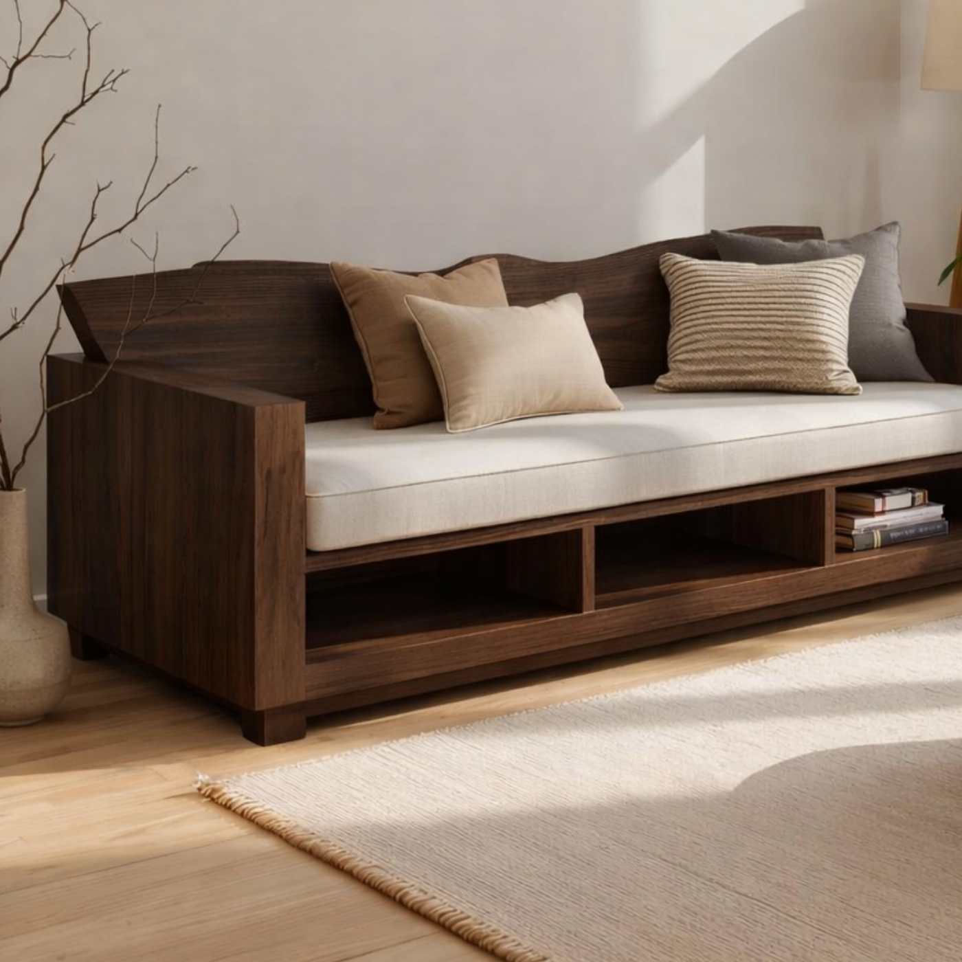 Walnut Solid Wood Sofa with Storage Shelf – Modern Wooden Living Room Sofa