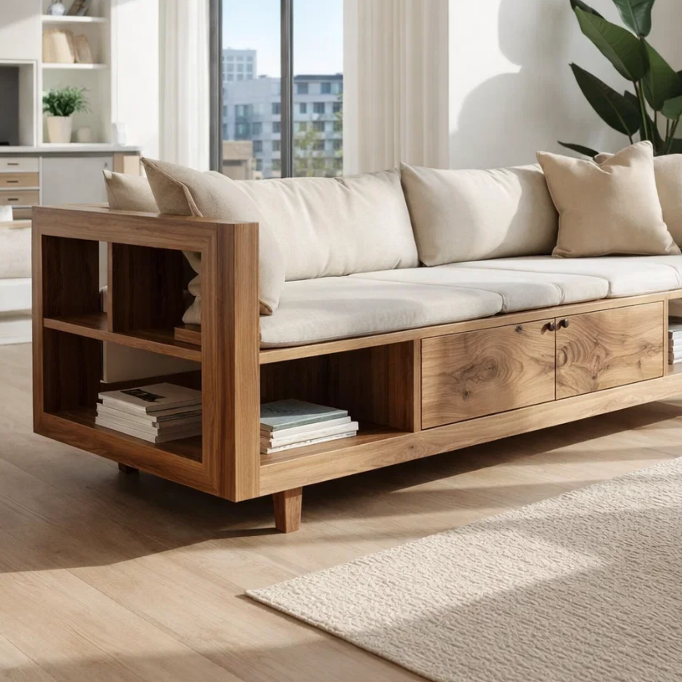 Solid Wood Storage Sofa – Modern Wooden Sofa with Shelves and Drawers