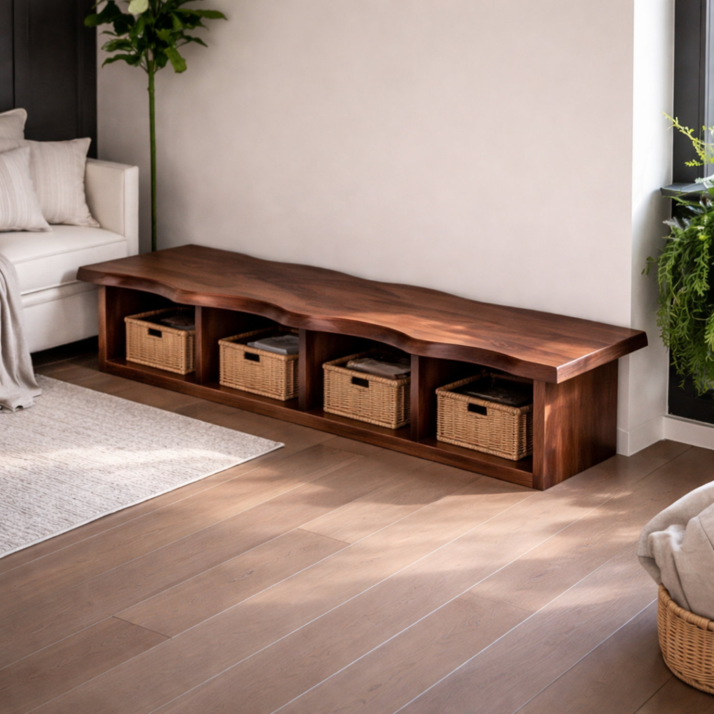 Solid Wood Storage Bench – Live Edge Wooden Bench with Open Cubby Shelves