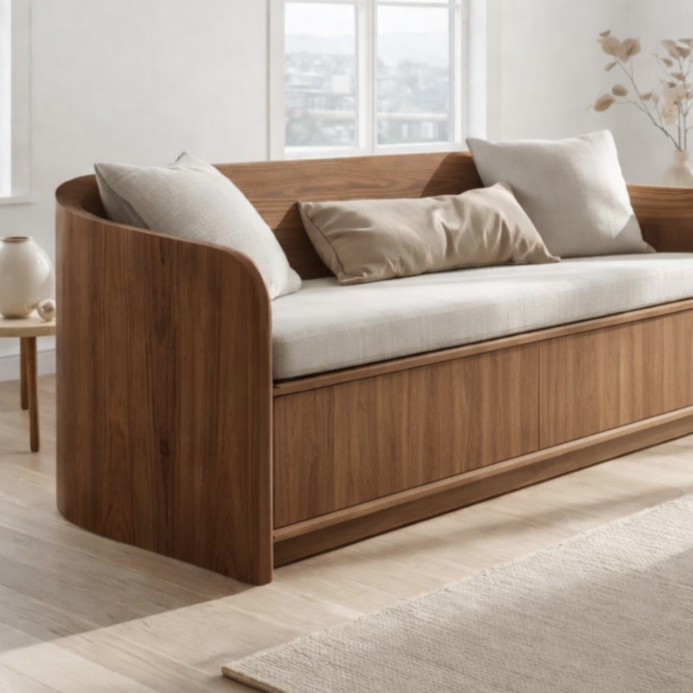 Solid Wood Storage Sofa – Curved Wooden Sofa with Hidden Storage Base