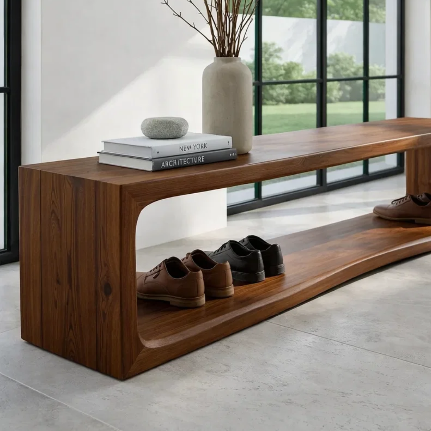 Solid Wood Console Table – Modern Waterfall Wood Console with Open Shelf