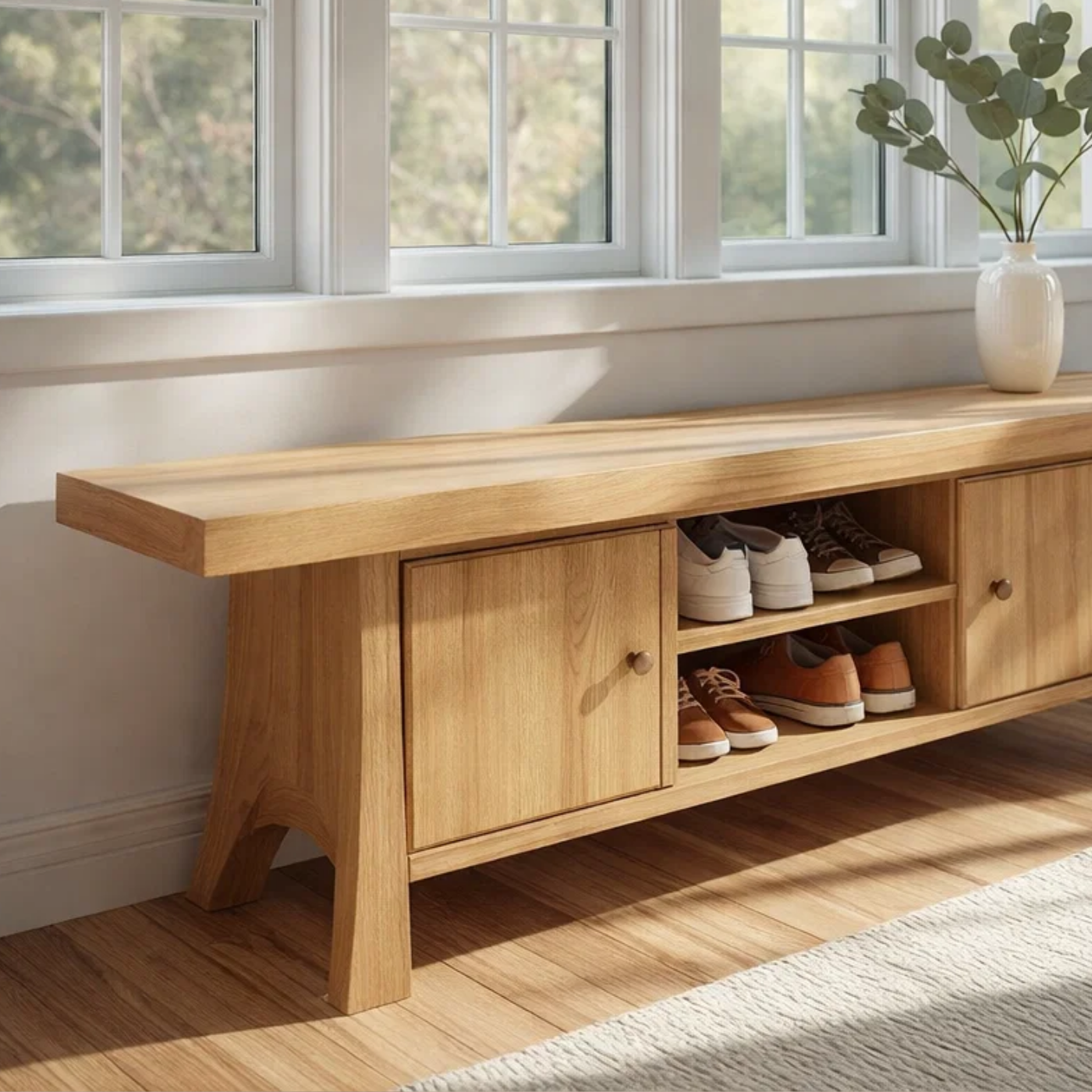 Solid Wood Shoe Storage Bench – Entryway Bench with Cabinet Doors and Open Shelf