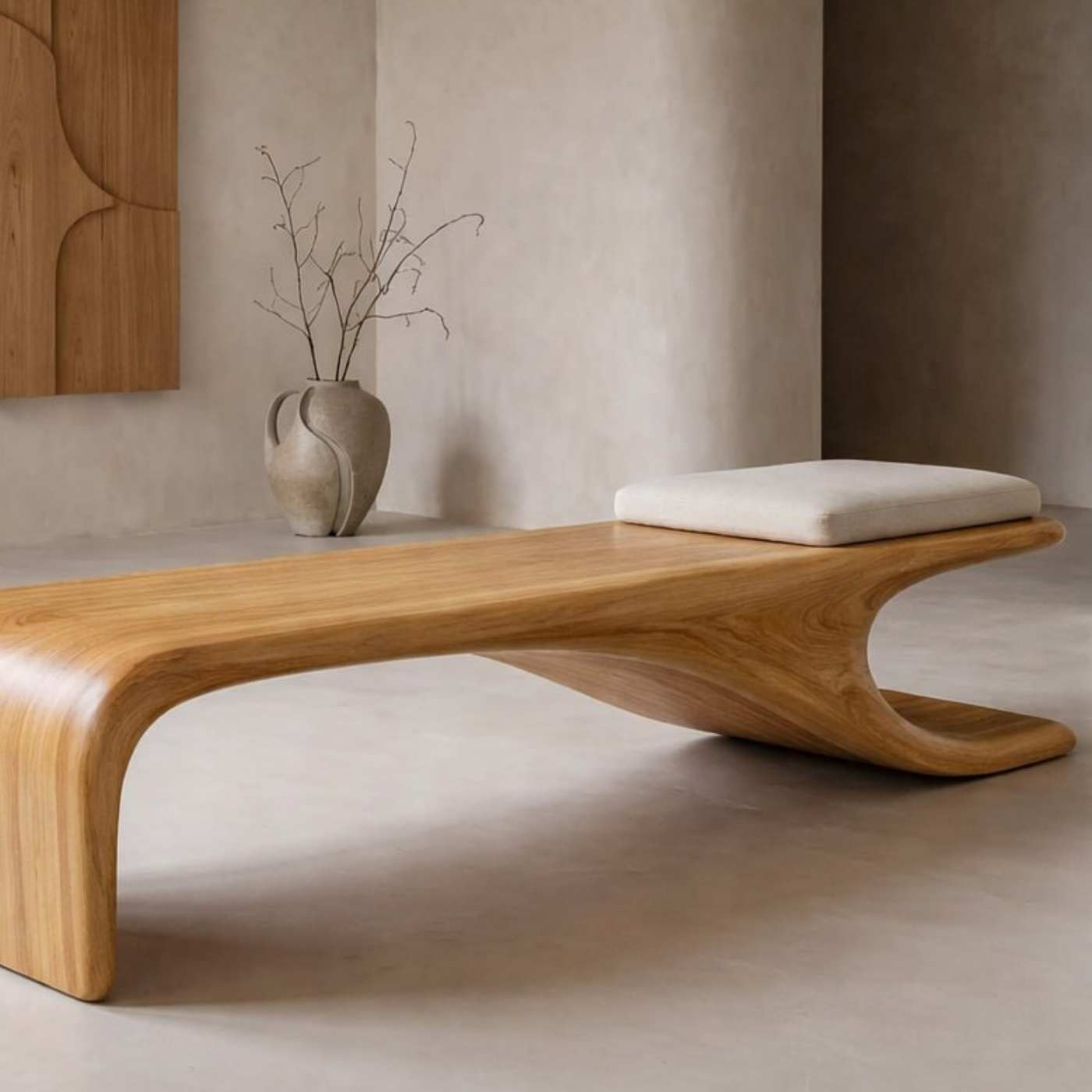 Sculptural Wooden Bench, Modern Curved Accent Seat, Entryway Statement Furniture for Living Room