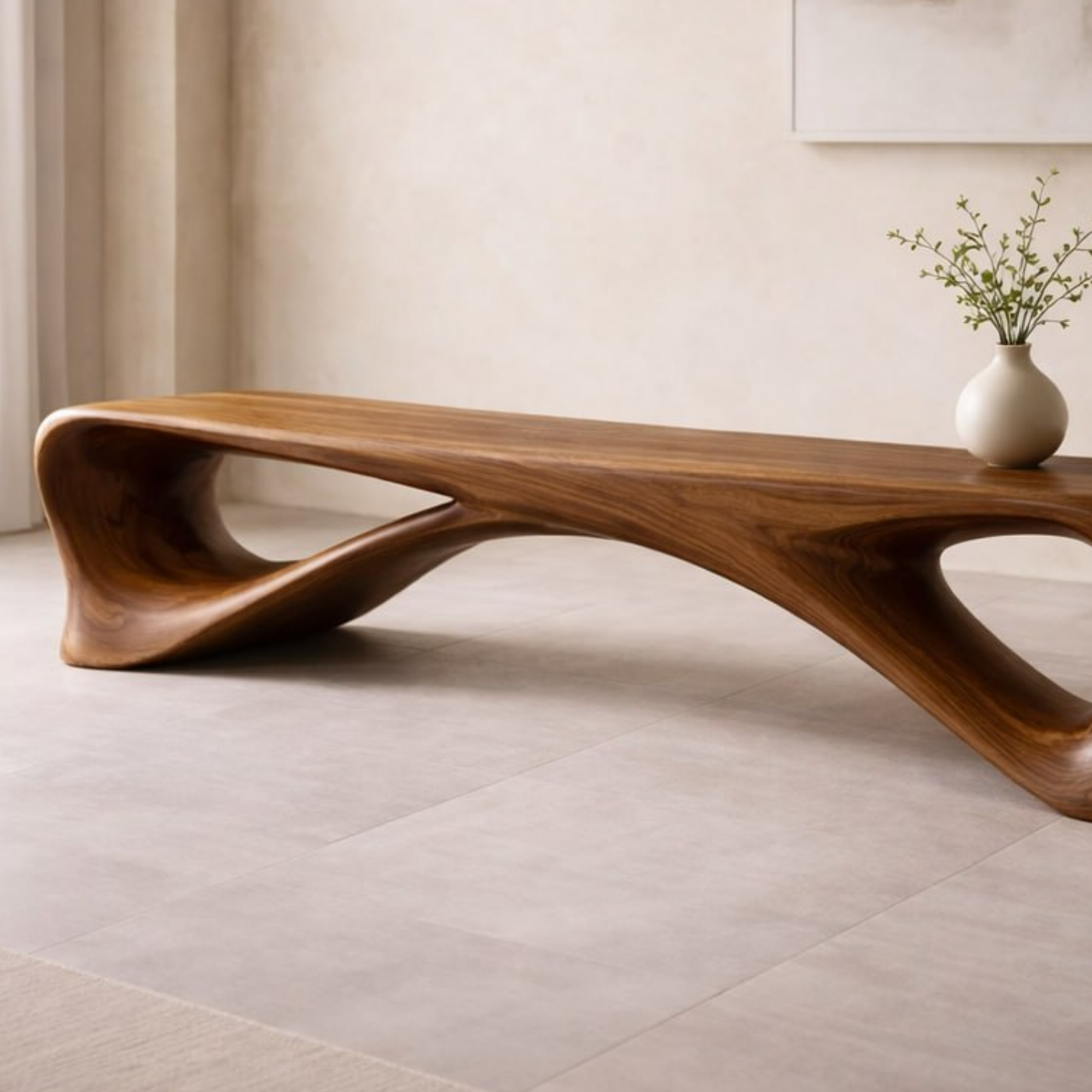 Sculptural Wooden Bench, Modern Curved Entryway Seat, Artistic Statement Bench for Living Room