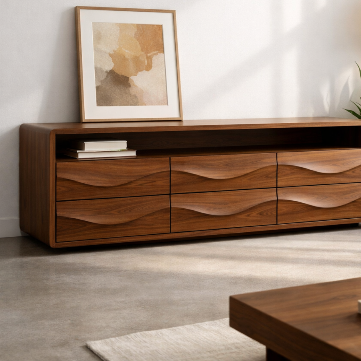 Solid Wood Console Table with Low Profile and Sculptural Wave Drawers