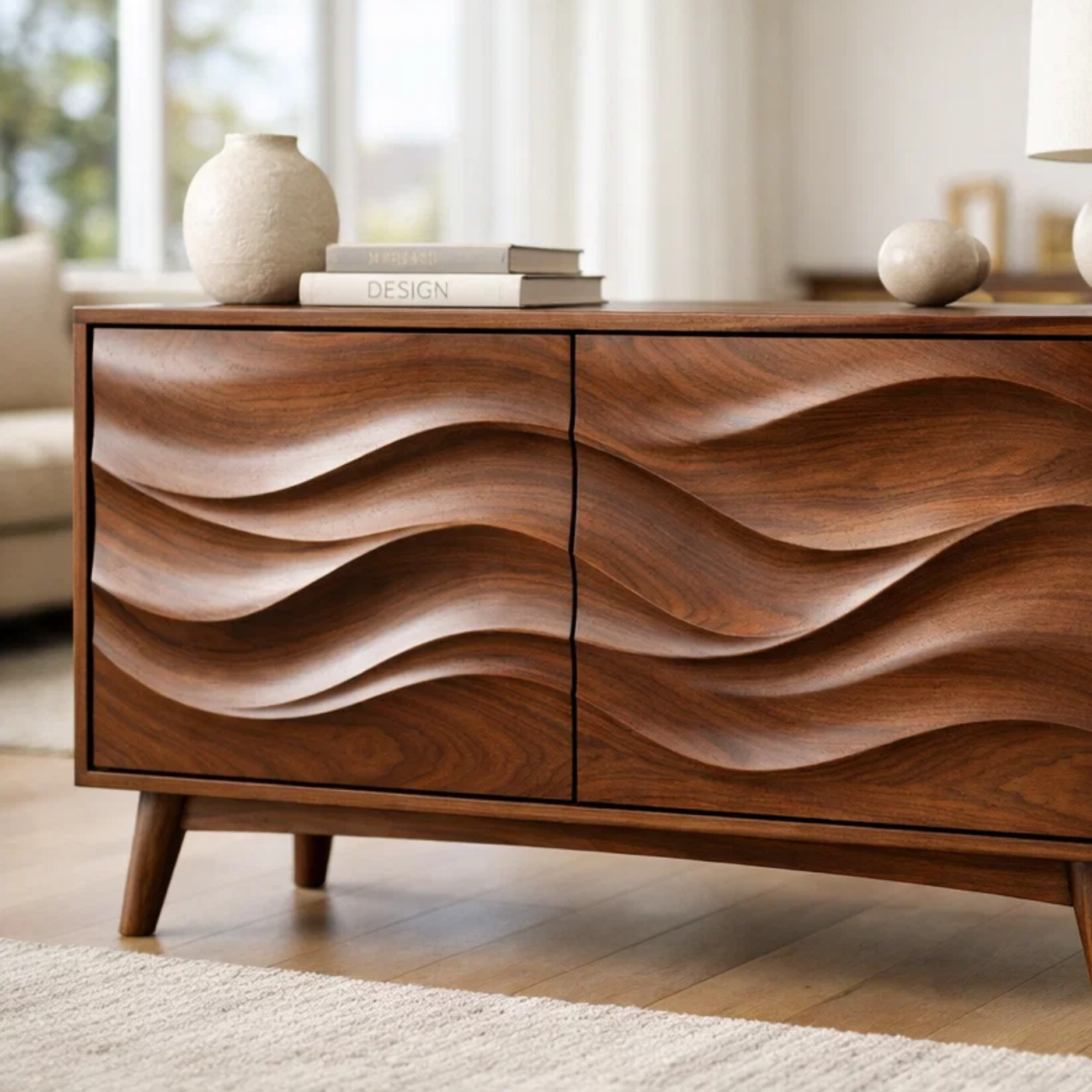 Solid Wood Console Table with Sculptural Wave Doors and Mid-Century Legs