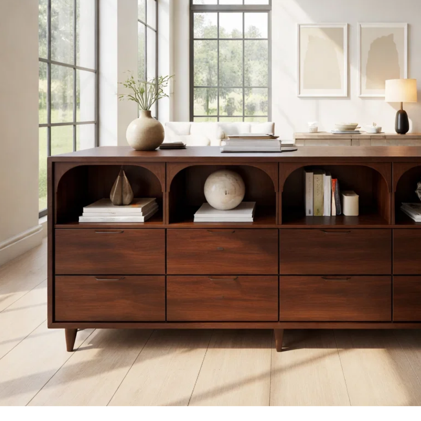 Solid Wood Console Table with Arched Open Shelves and Drawer Storage