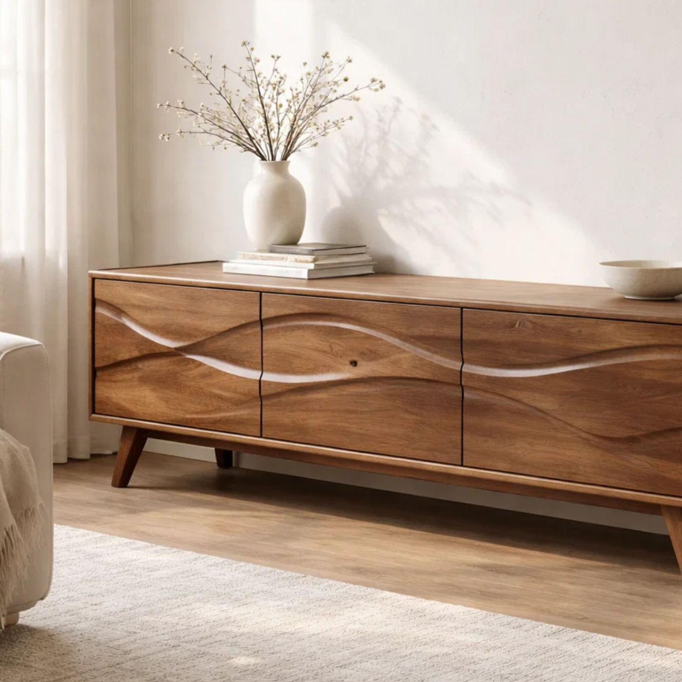 Solid Wood Console Table with Minimal Wave Carved Doors for Modern Living Room
