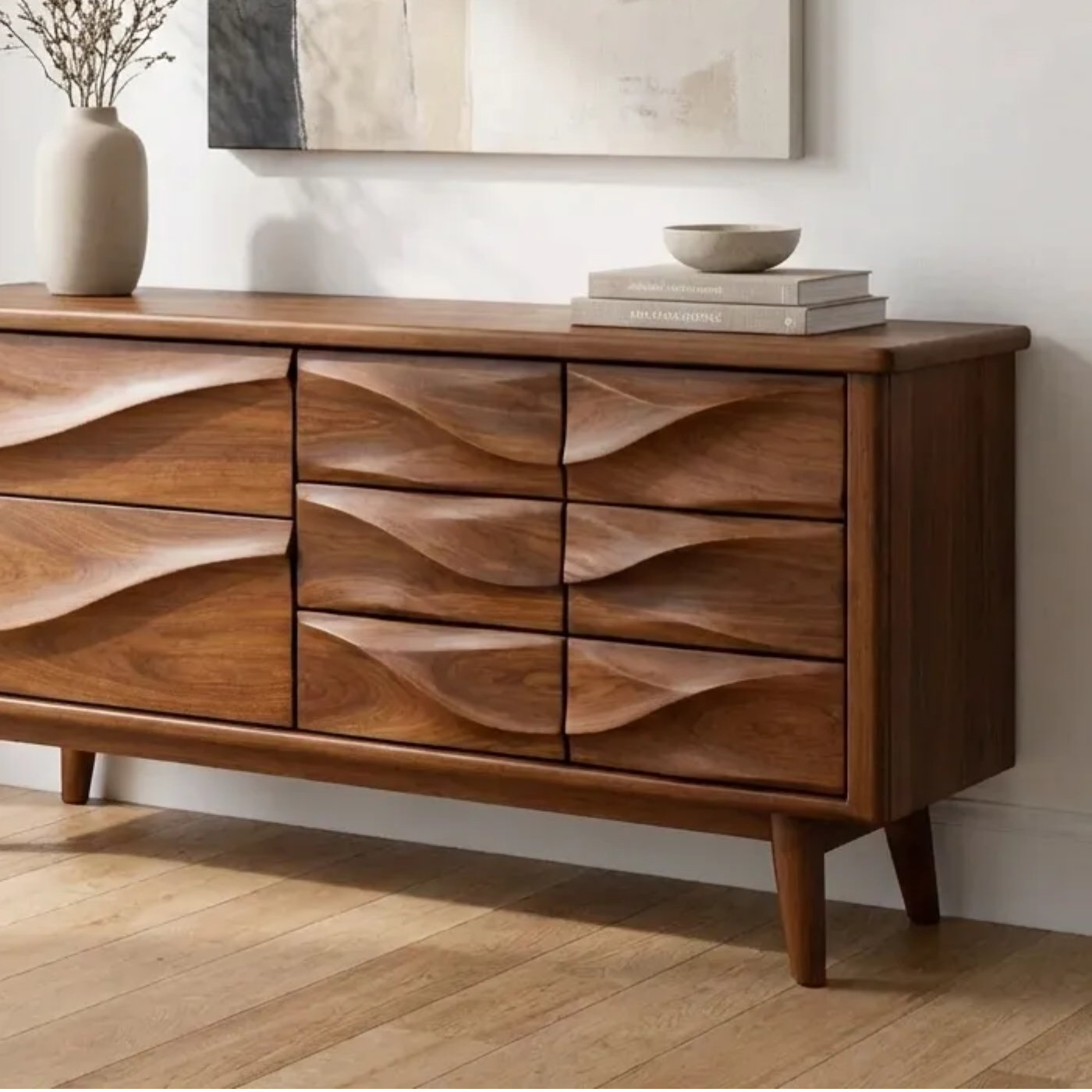 Solid Wood Console Table with Multi Drawer Wave Front Design for Modern Home